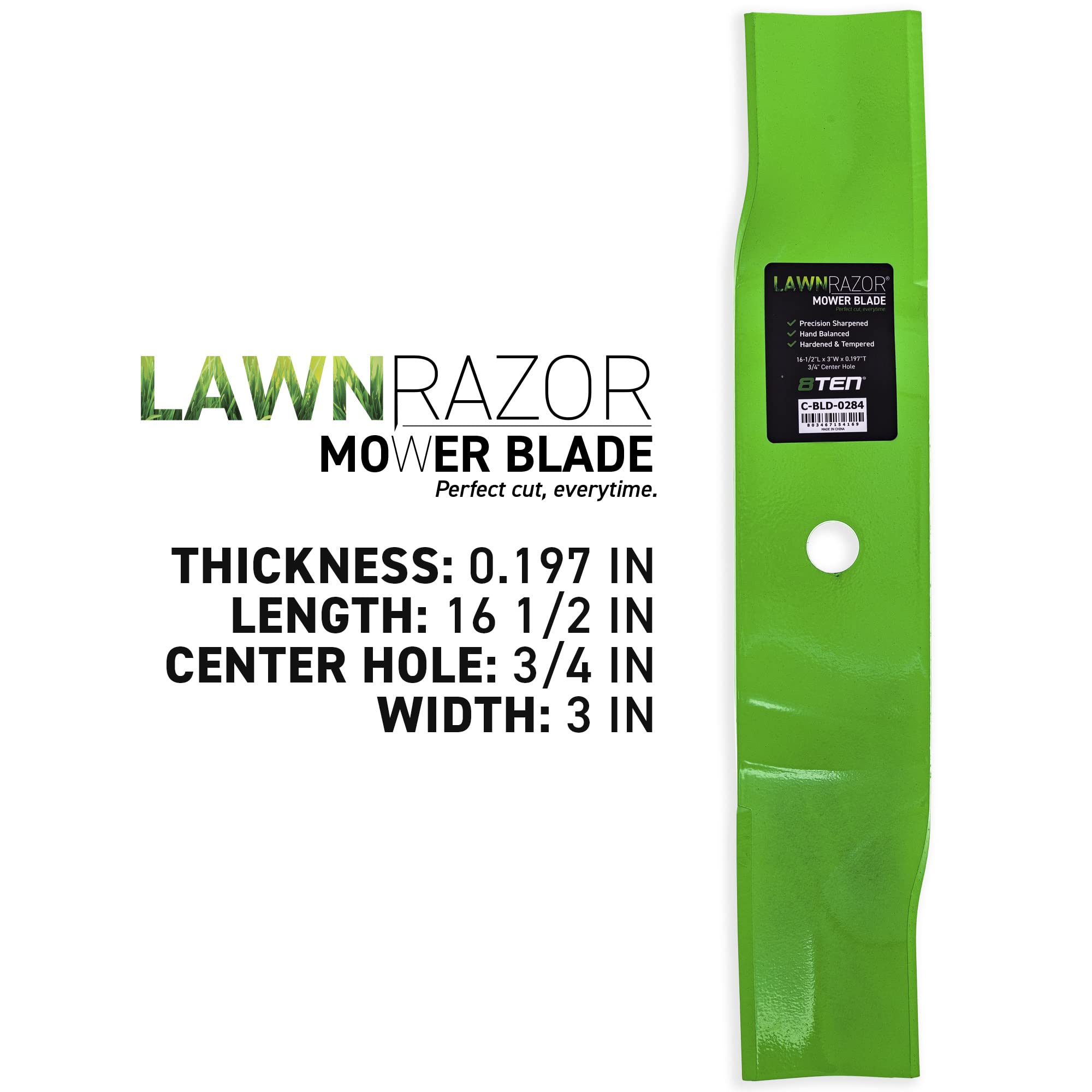 8TEN LawnRAZOR close-up of sharpened edge for cleaner cuts and longer life
