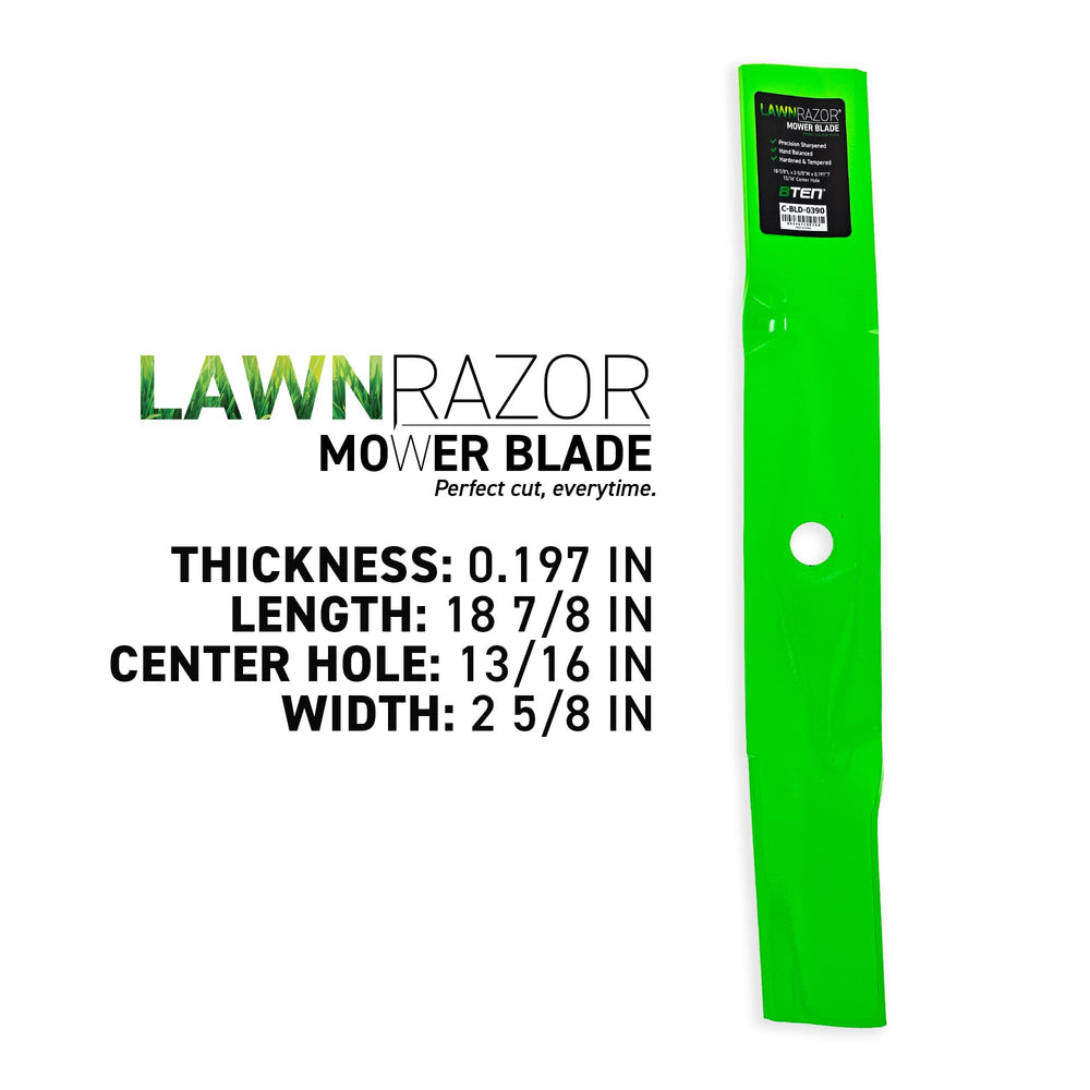 8TEN LawnRAZOR close-up of blade edge and rolled high-lift profile for stronger lift