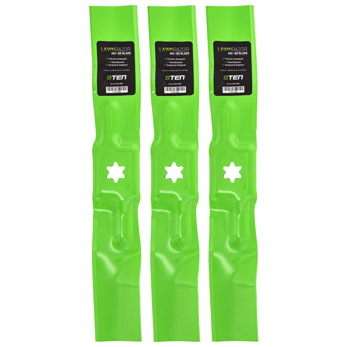 8TEN LawnRAZOR front view showing three blades and fitment benefits