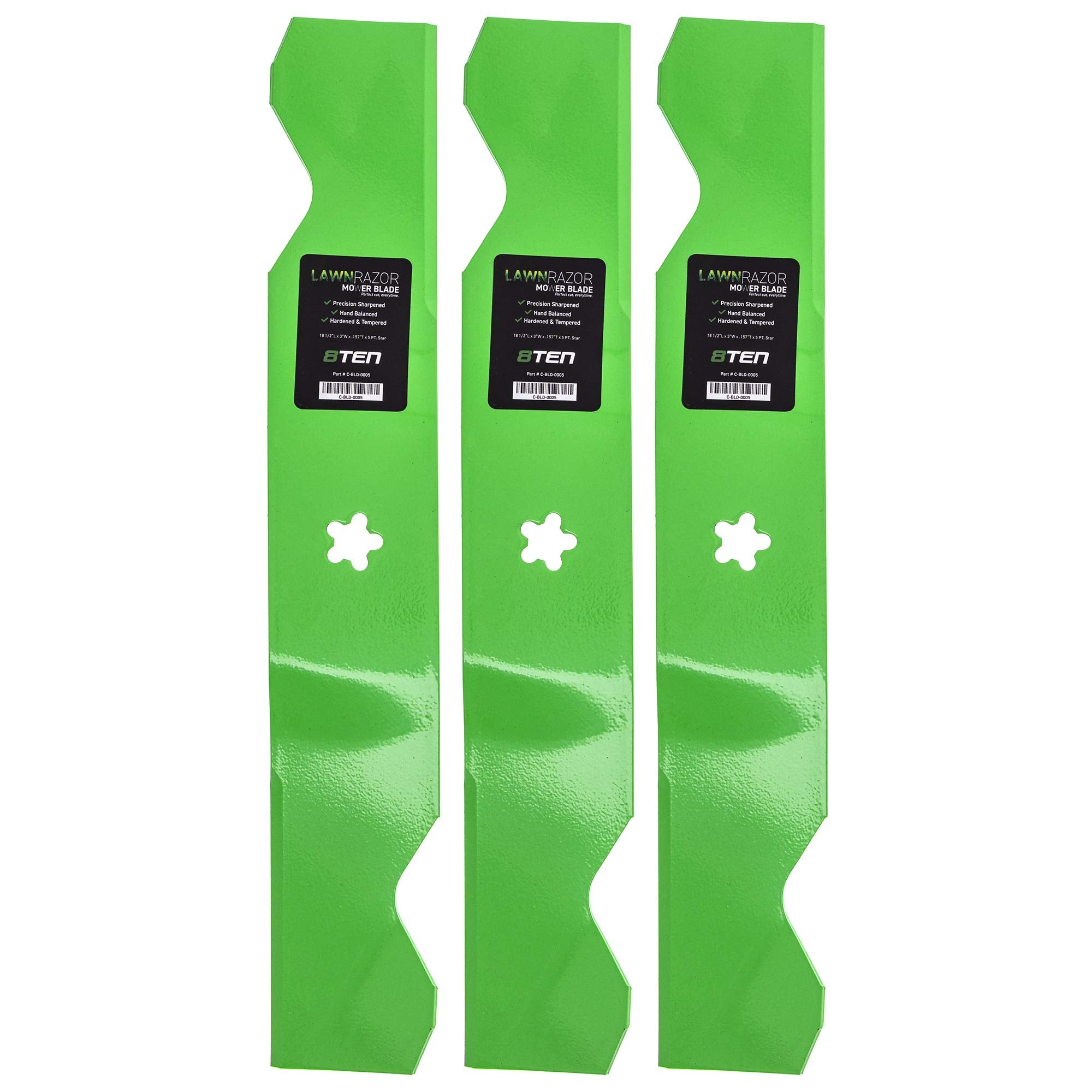 8TEN LawnRAZOR front view of 3-pack blades showing package and fitment benefits