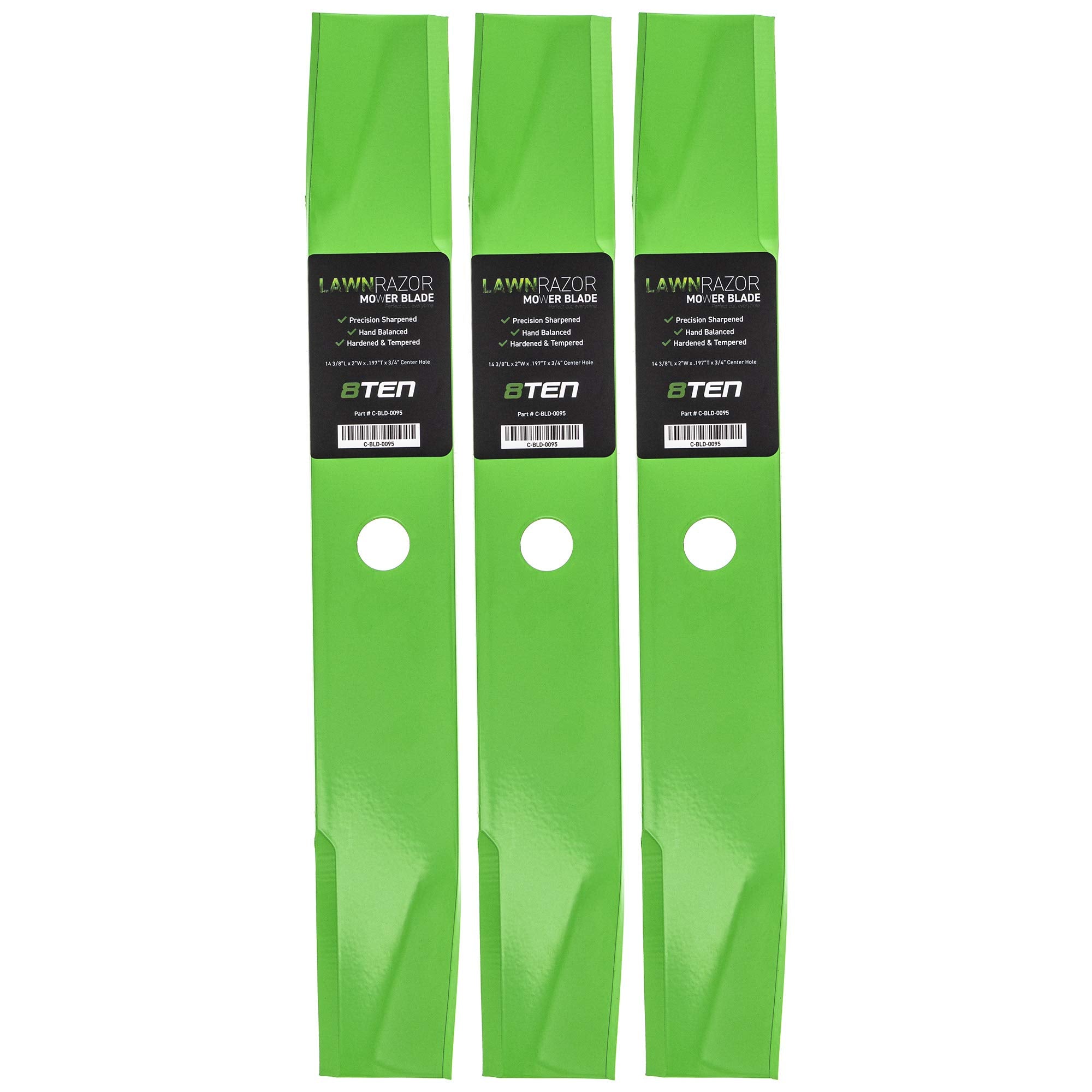 8TEN LawnRAZOR front view of blade trio showing fit and finish benefits