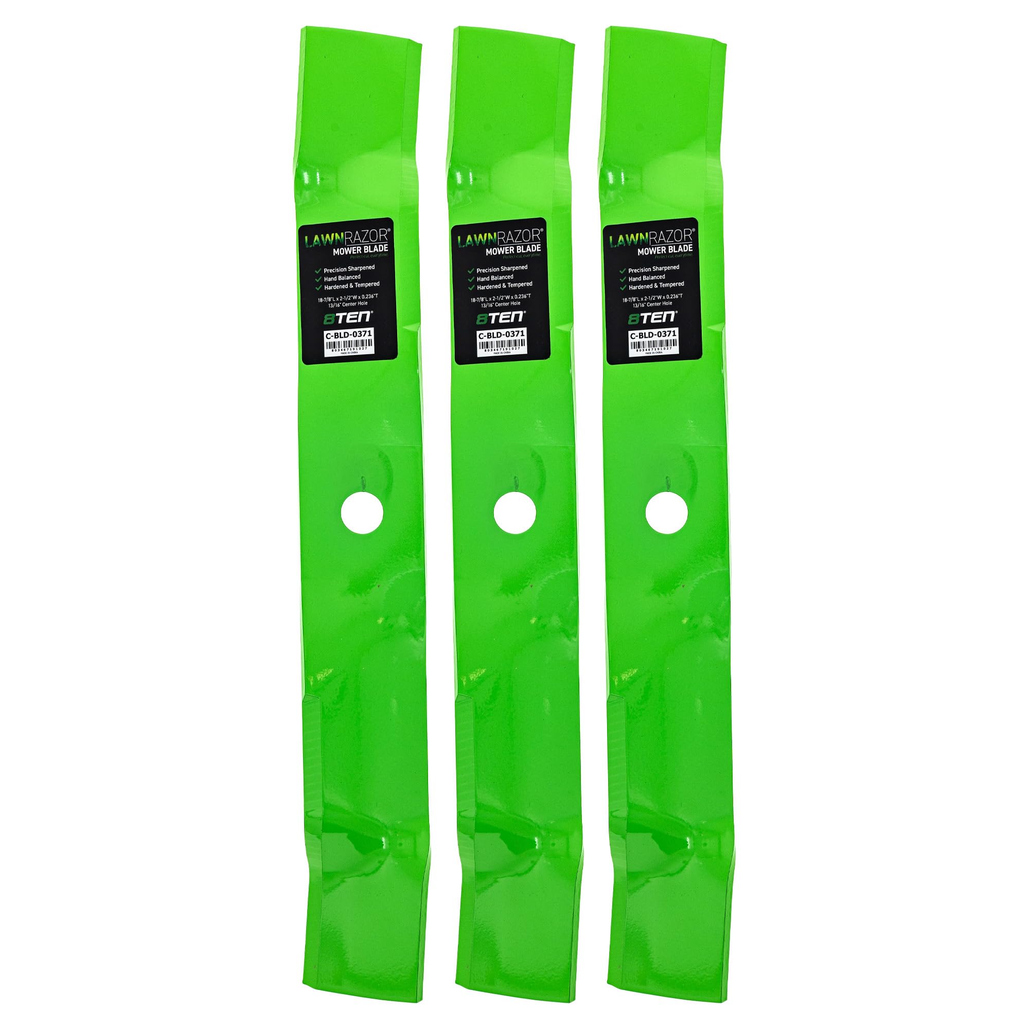 8TEN blade pack front view showing three blades and clear compatibility labeling for easy replacement