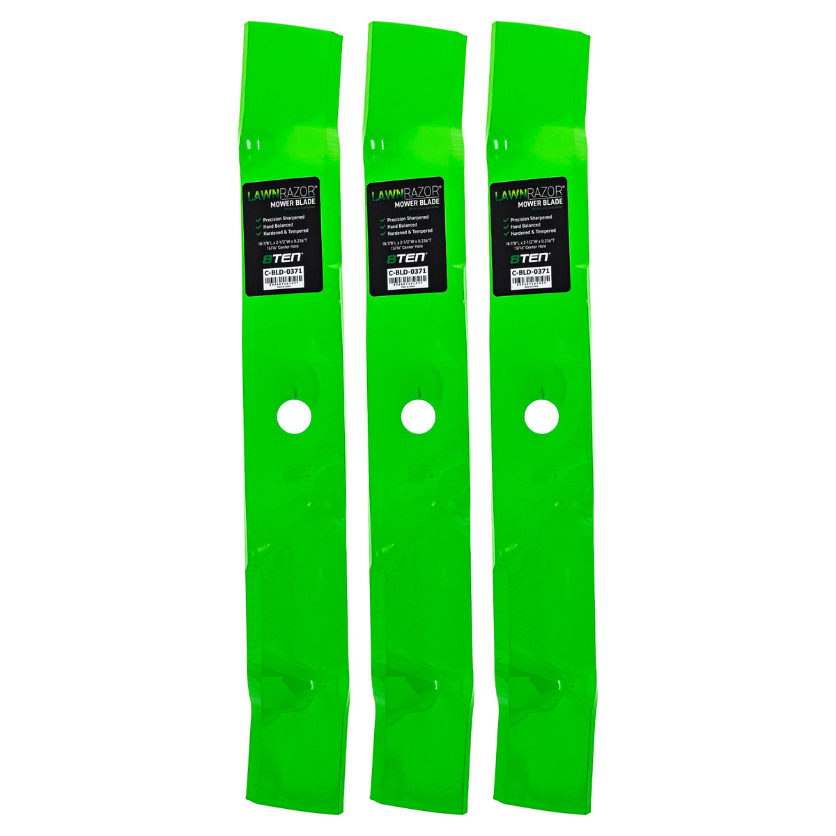 8TEN blade pack front view showing three blades and clear compatibility labeling for easy replacement