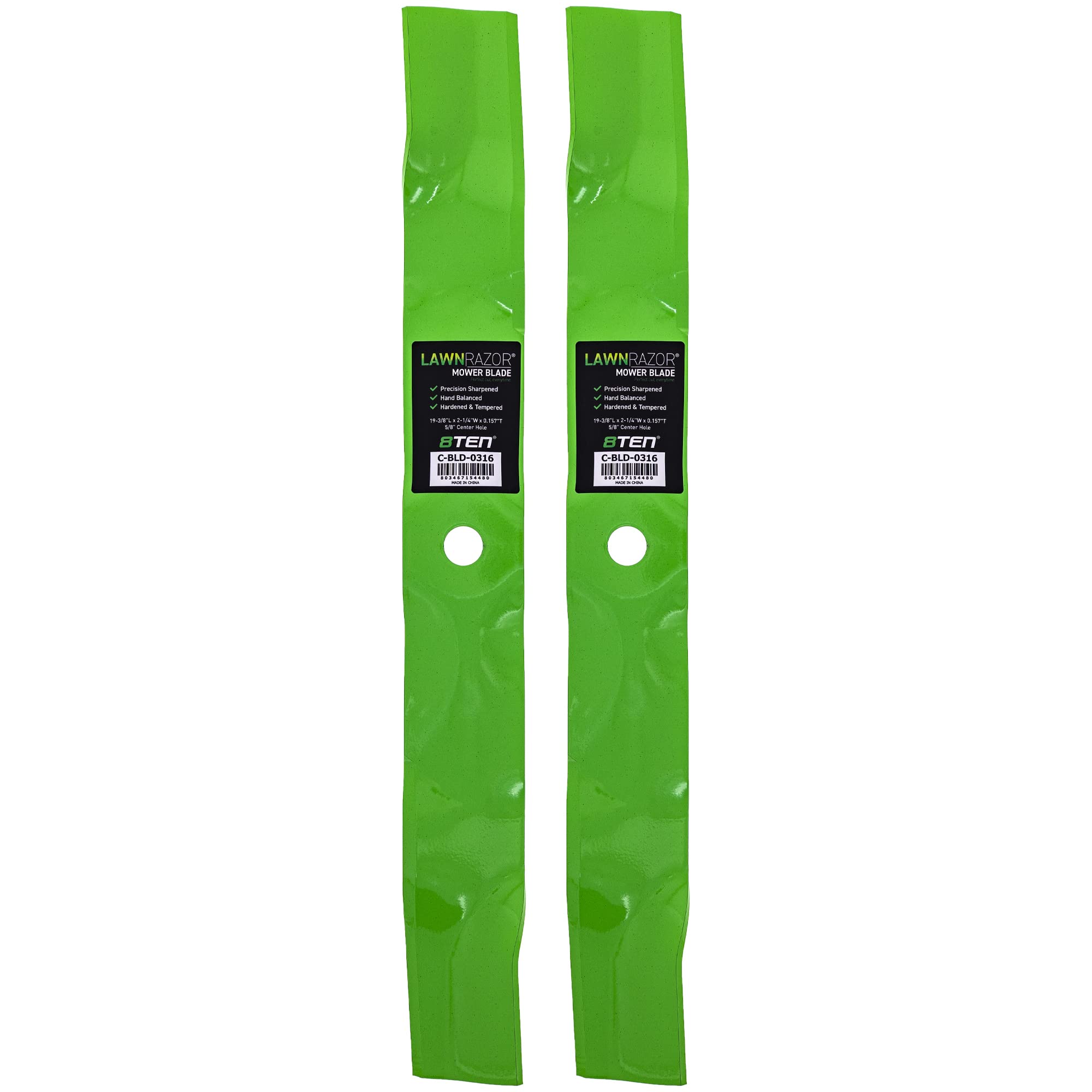 8TEN LawnRAZOR front view showing two mulching blades and clear labeling for fitment benefit