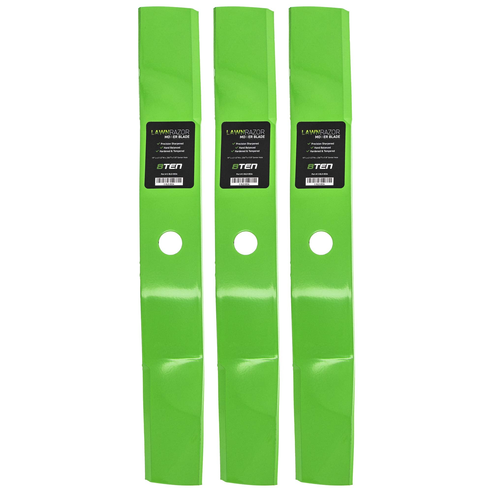 8TEN LawnRAZOR front view showing three blades and clear fitment benefits