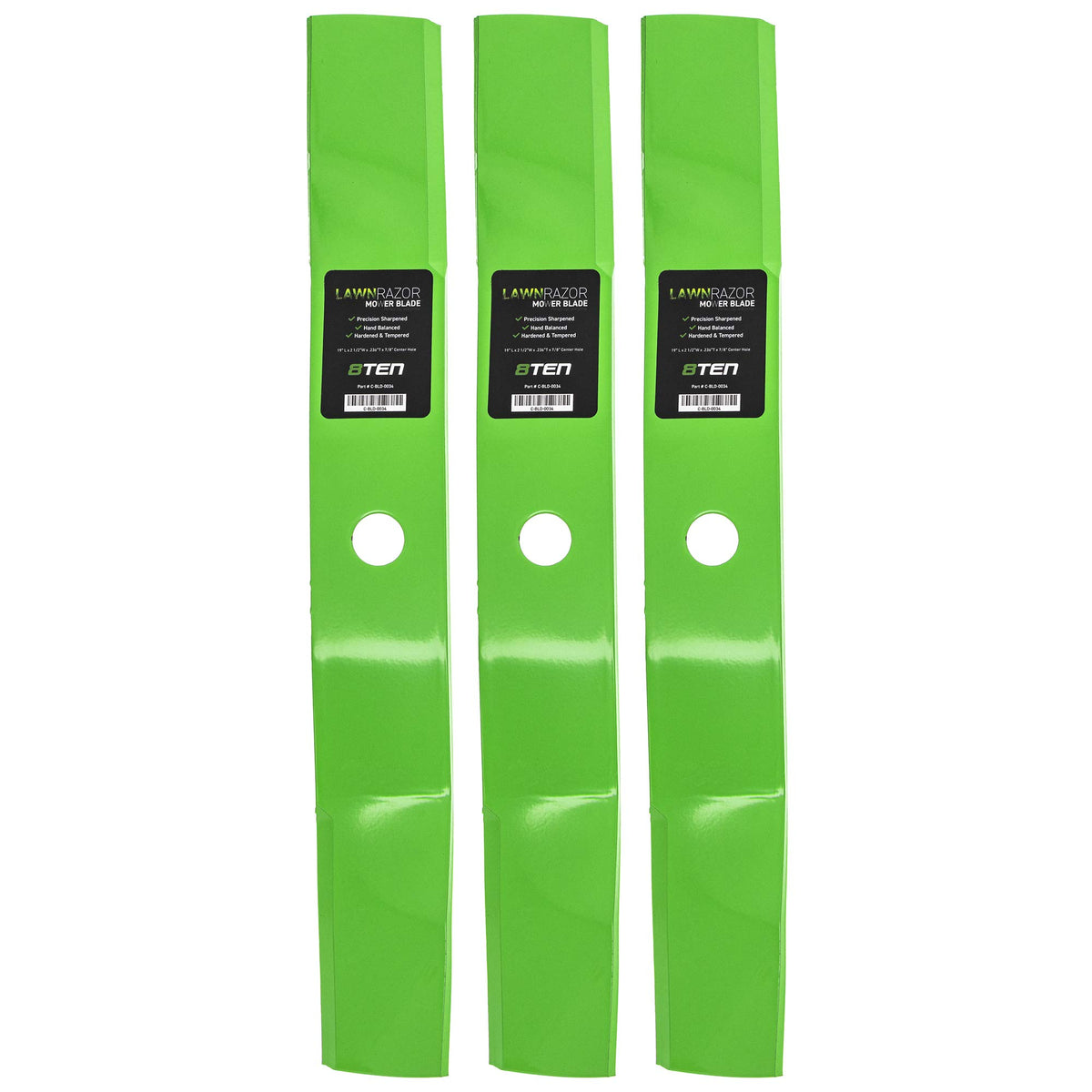 8TEN LawnRAZOR front view showing three blades and clear fitment benefits