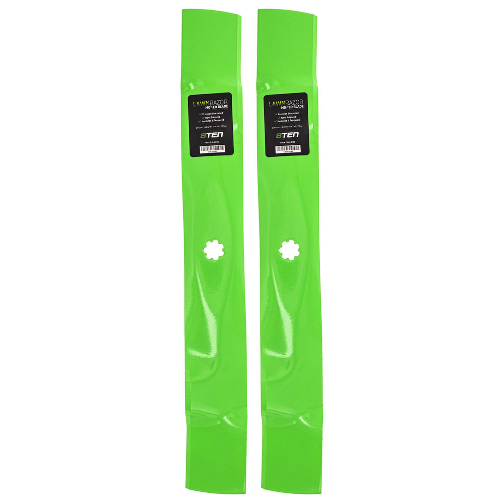 8TEN LawnRAZOR front view showing two mulching blades and labeling for exact fit