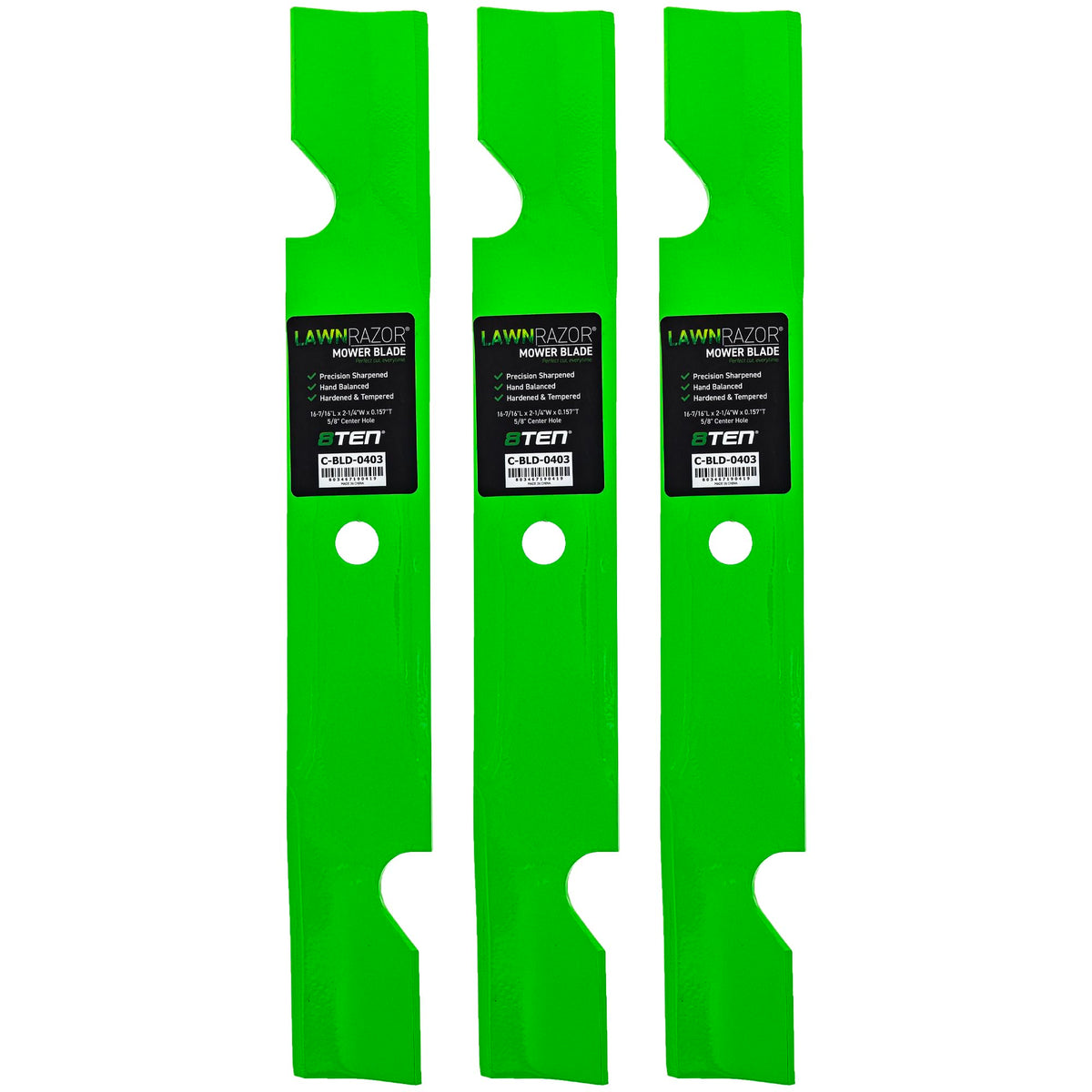 8TEN blade three-pack front view showing packaging and fit compatibility benefit