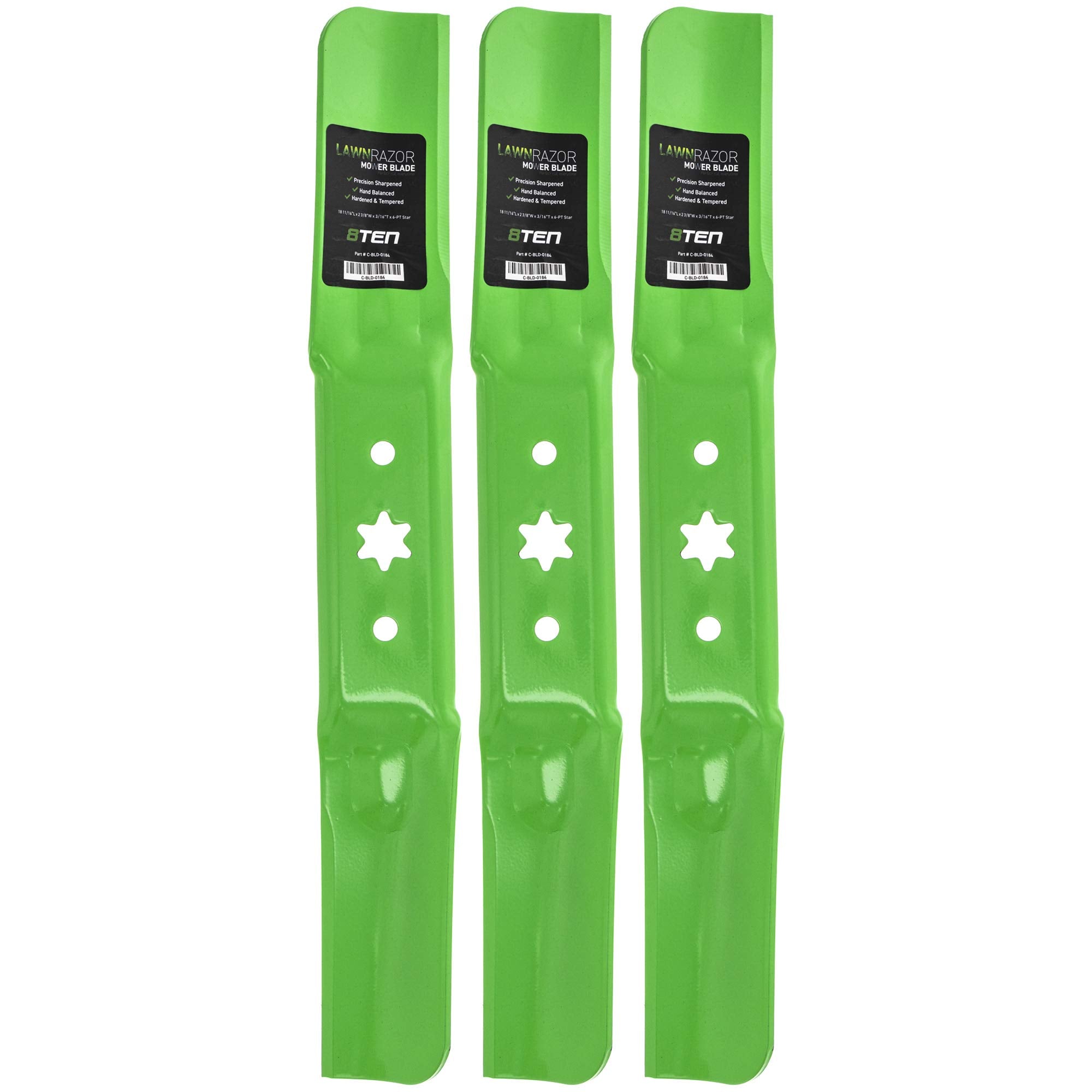 8TEN LawnRAZOR front view of 3-pack blades showing packaging and fitment benefits