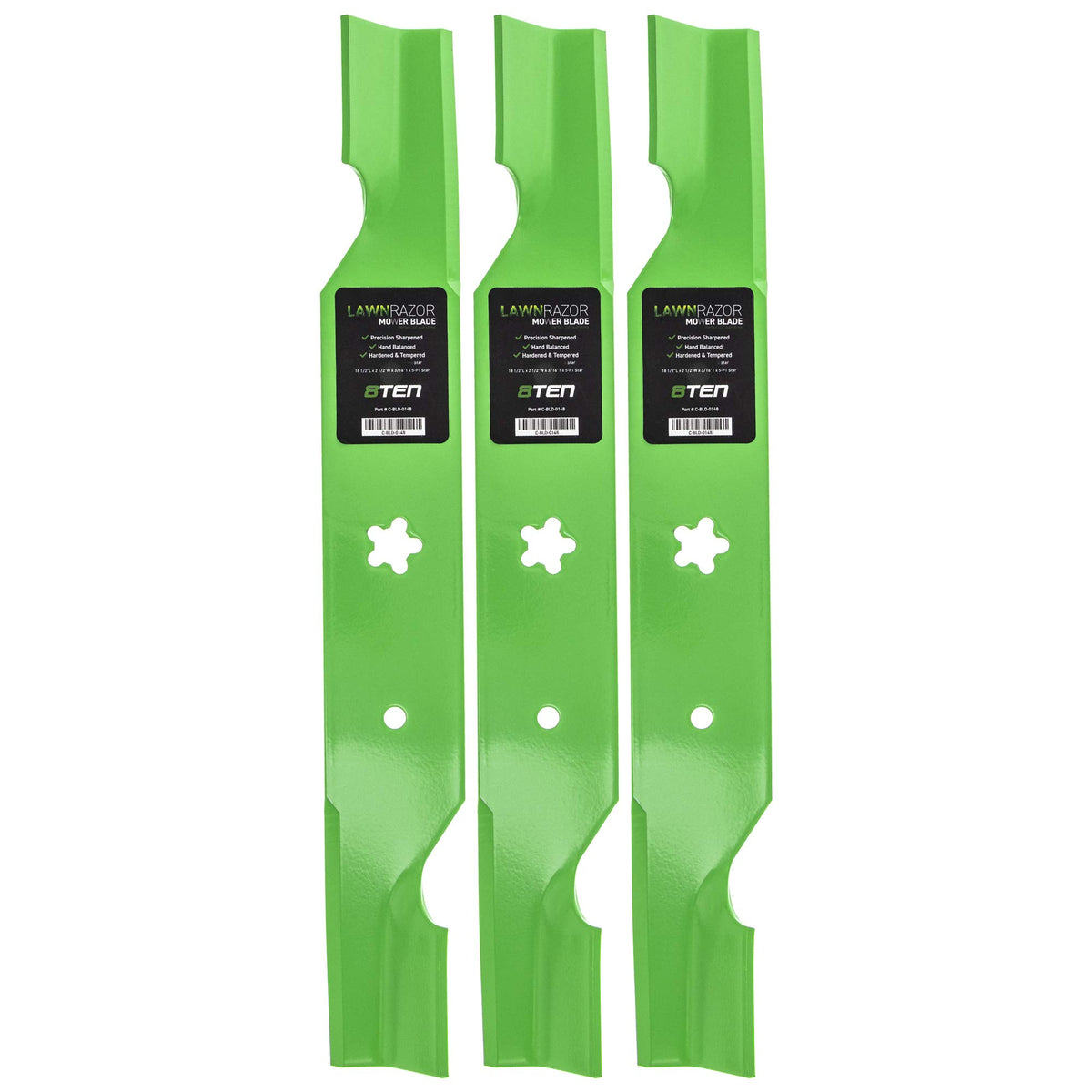 8TEN LawnRAZOR front view showing three blades and packaging, clear replacement option