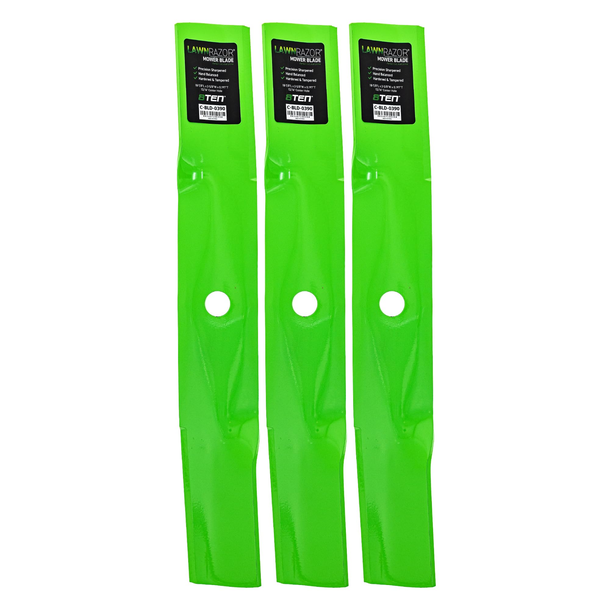 8TEN LawnRAZOR front view three-pack showing blades and benefits of reliable replacement