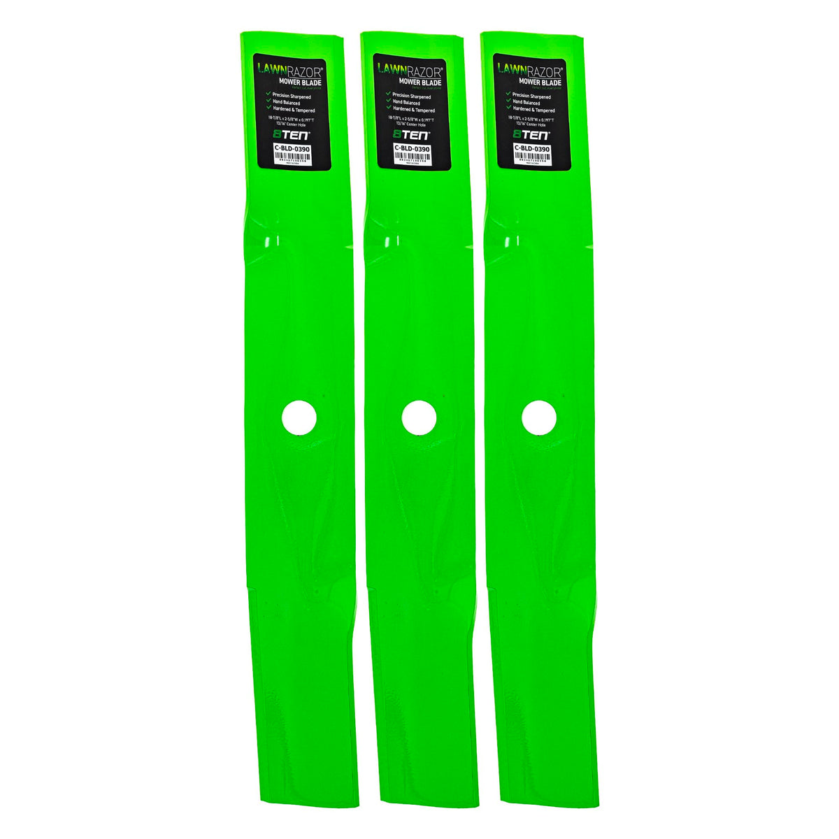 8TEN LawnRAZOR front view three-pack showing blades and benefits of reliable replacement