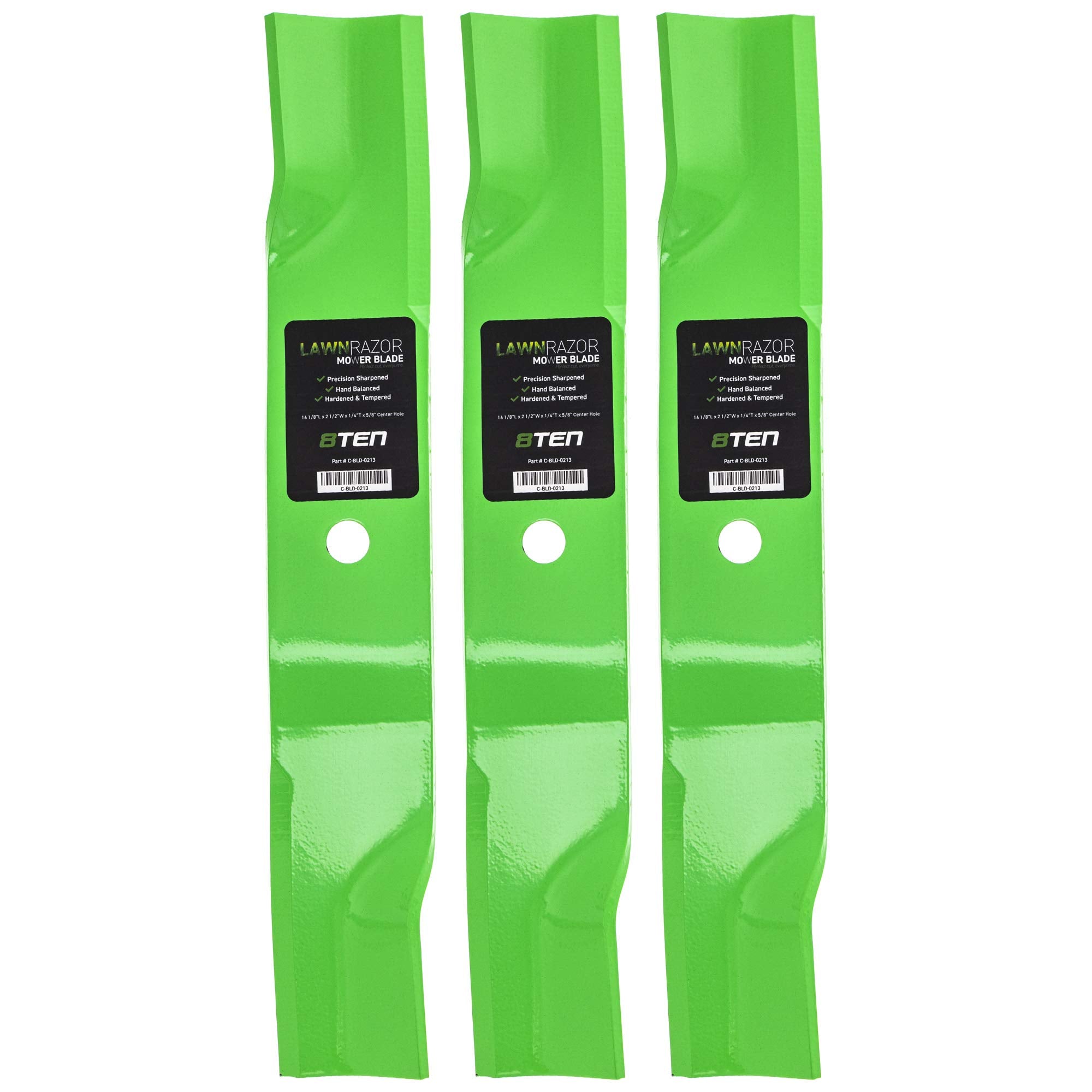 8TEN LawnRAZOR front pack showing three blades and clear labeling for quick identification