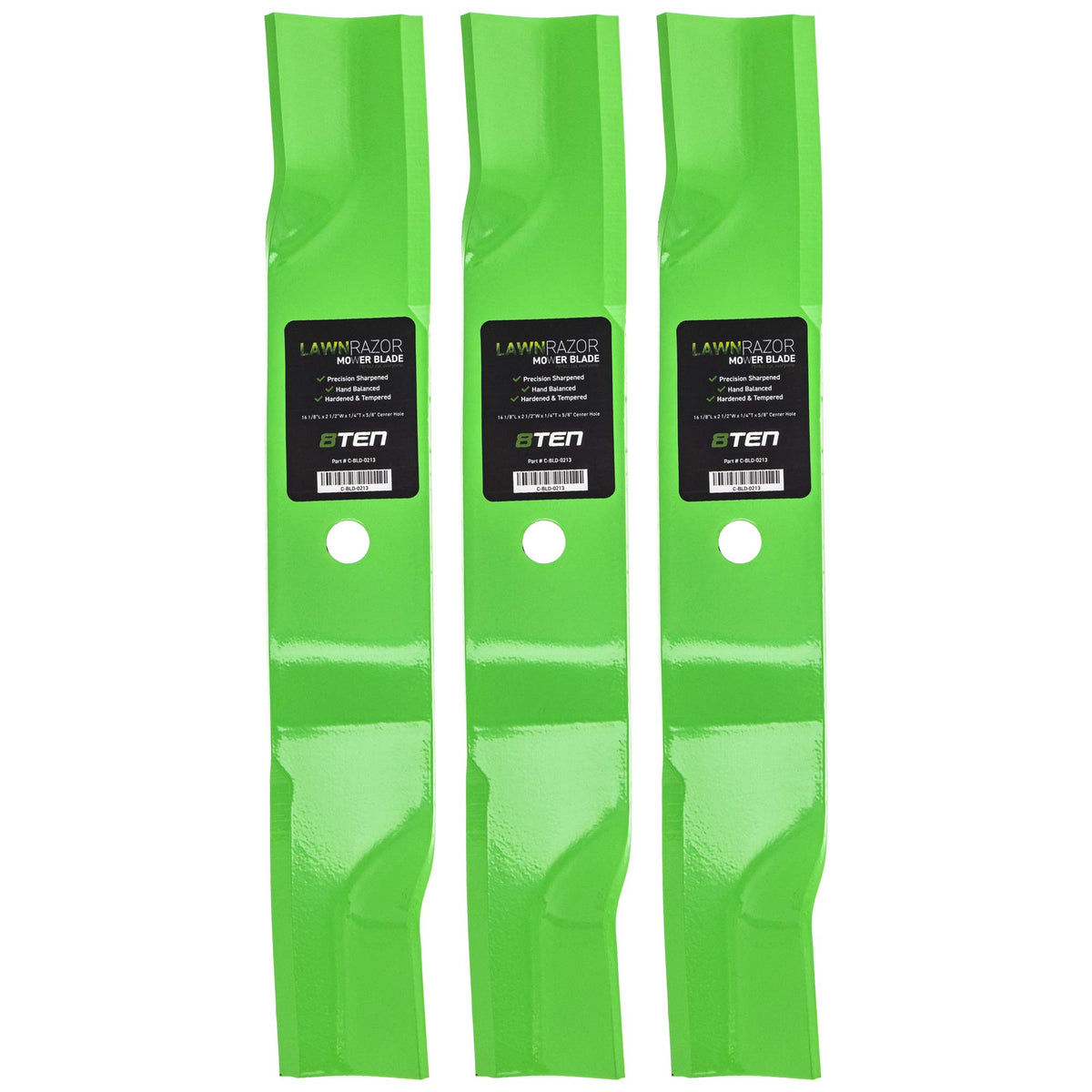 8TEN LawnRAZOR front pack showing three blades and clear labeling for quick identification