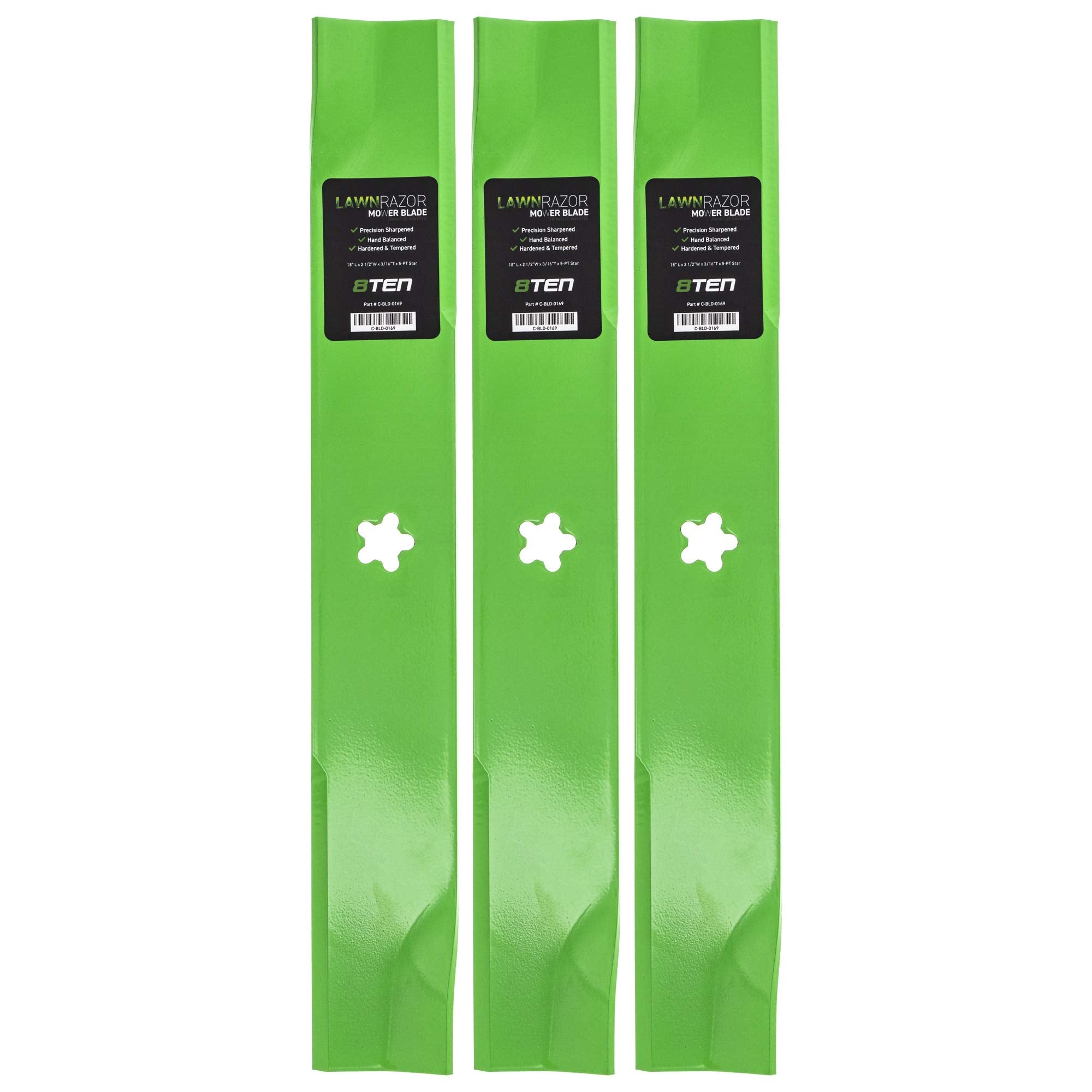 8TEN LawnRAZOR front pack showing three blades and labels for quick identification and convenience
