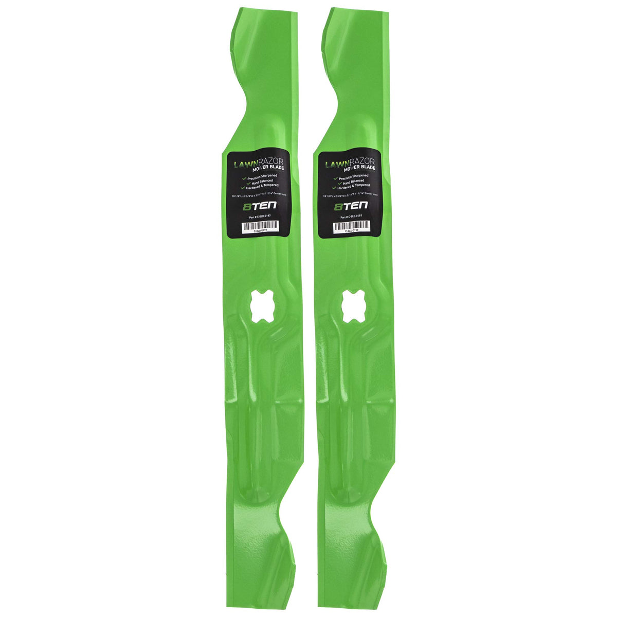 8TEN LawnRAZOR front view of two blades showing fit and finish for easy replacement