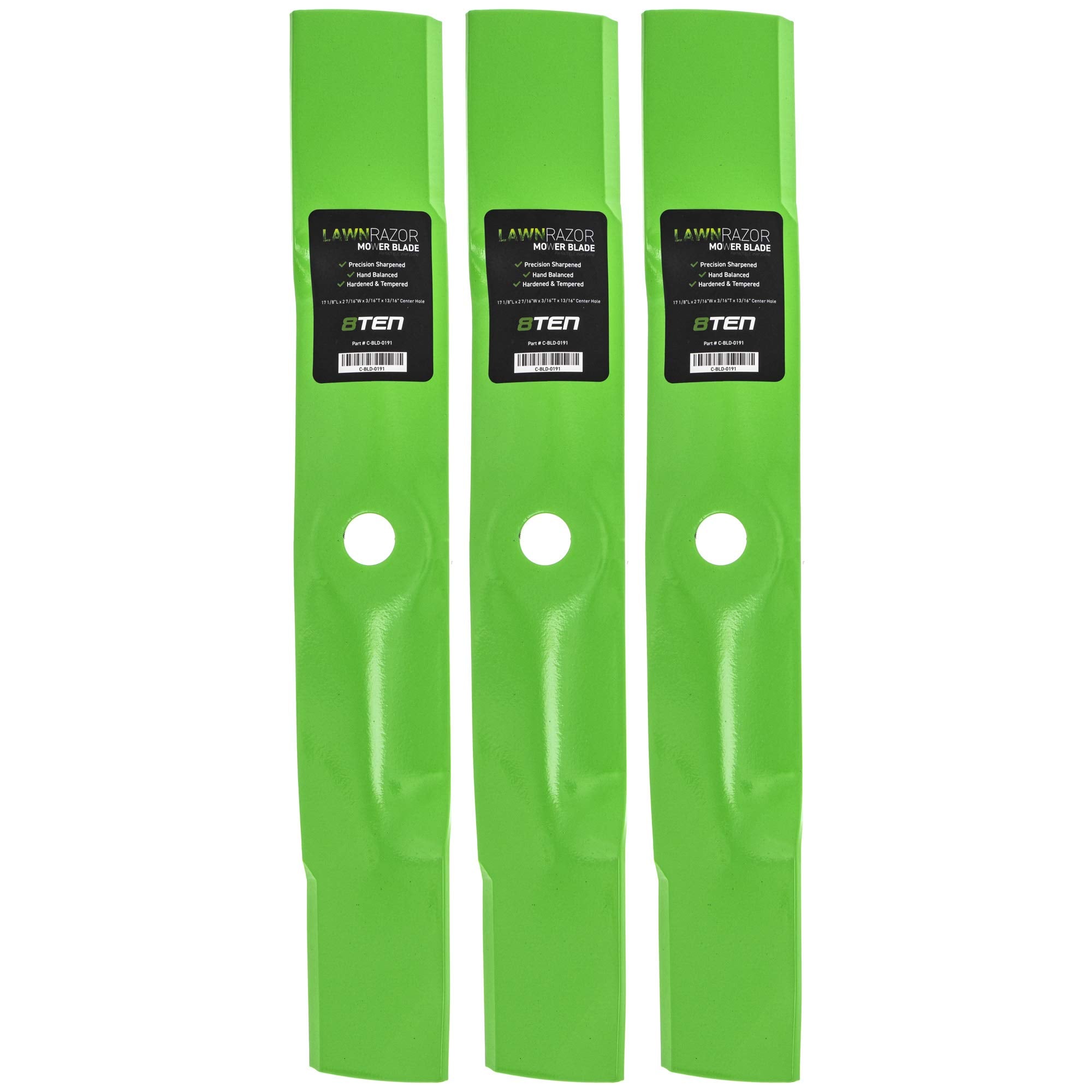 8TEN LawnRAZOR front view of three blades showing pack and fit benefit