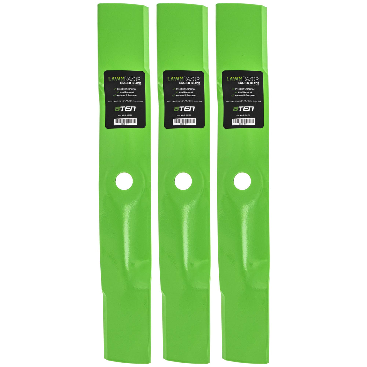 8TEN LawnRAZOR front view of three blades showing pack and fit benefit