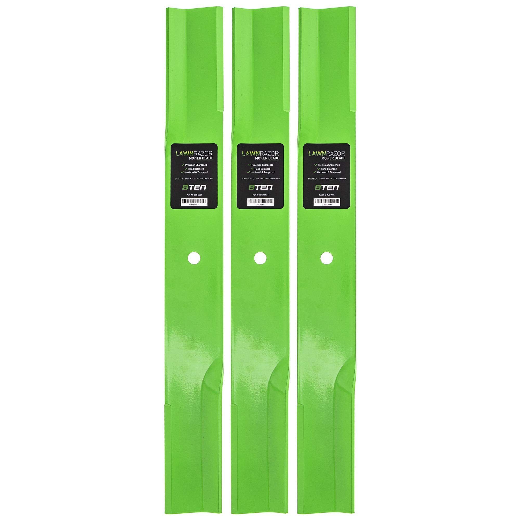 8TEN front view of three blades showing fit and finish for reliable replacement