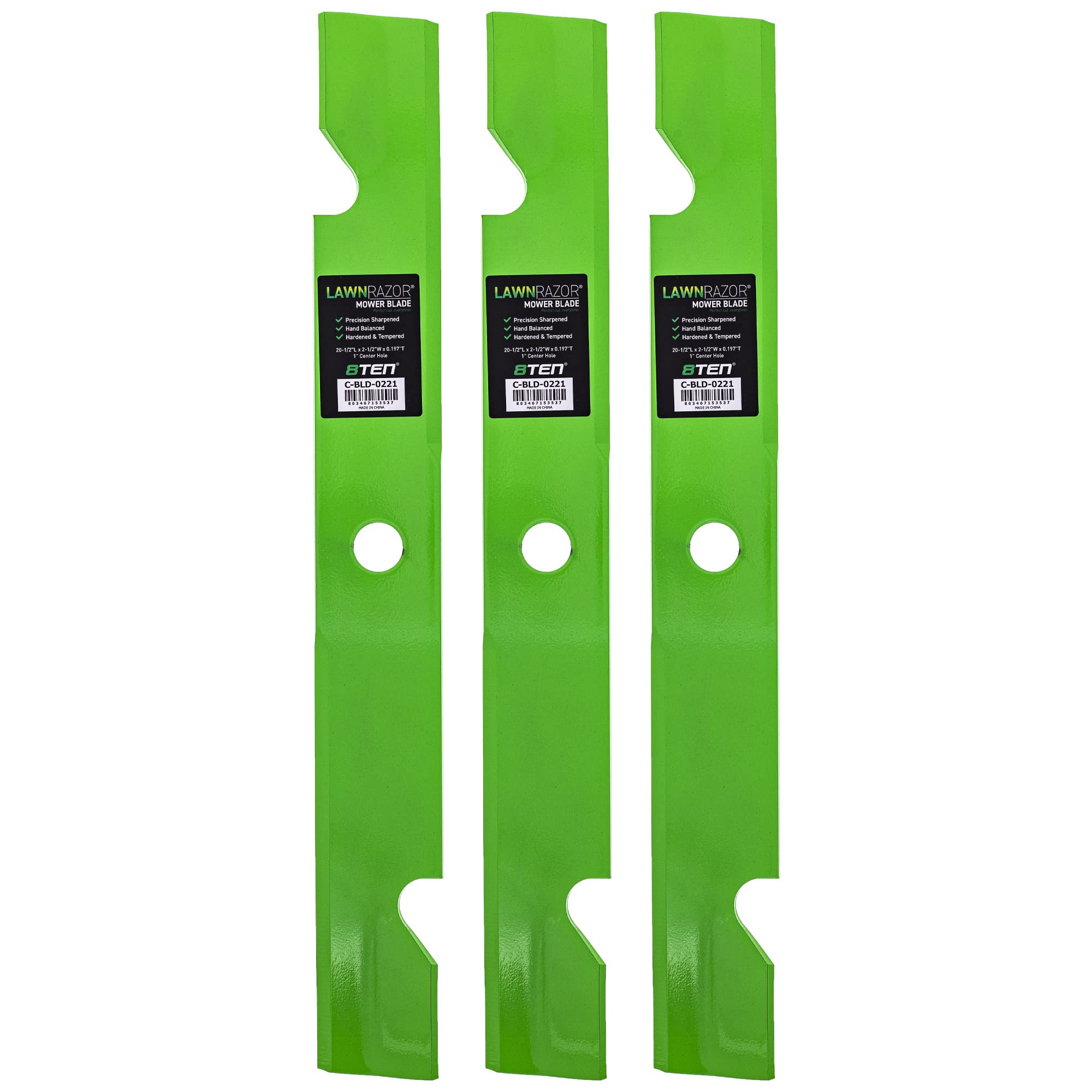8TEN LawnRAZOR front view of three blades showing fit and finish for reliable replacements