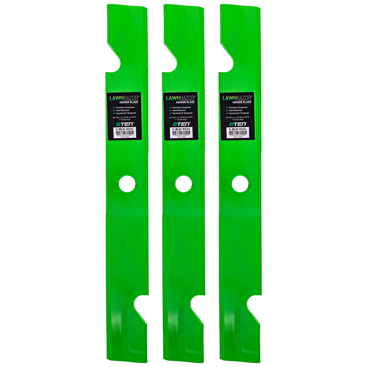 8TEN LawnRAZOR front view of three blades showing fit and finish for reliable replacements