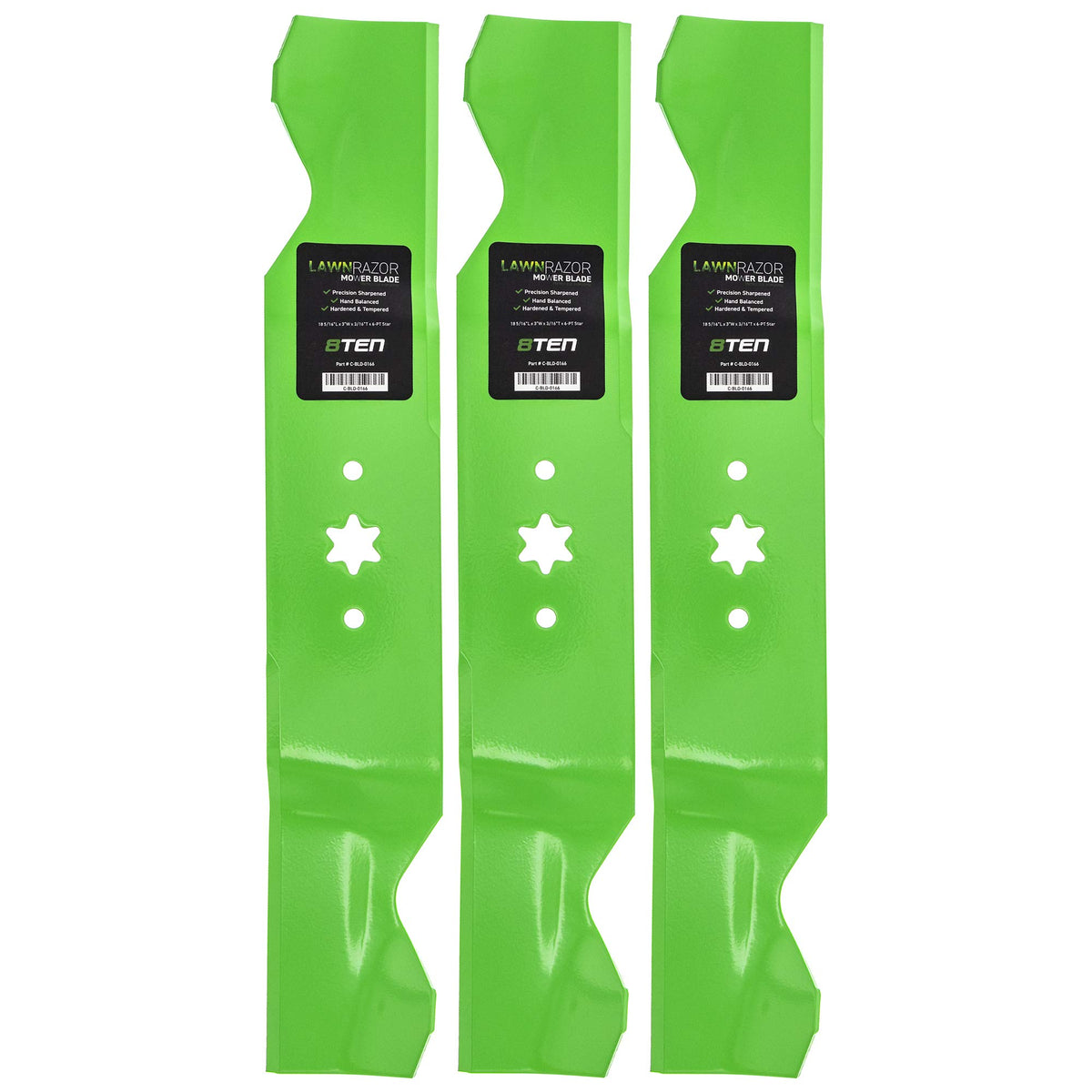 8TEN LawnRAZOR front view of three blades showing fitment and quick replacement benefit
