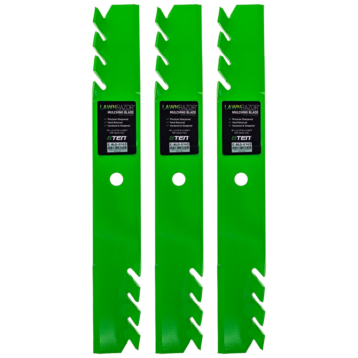 8TEN LawnRAZOR front view three-blade pack showing compatibility and fit benefit