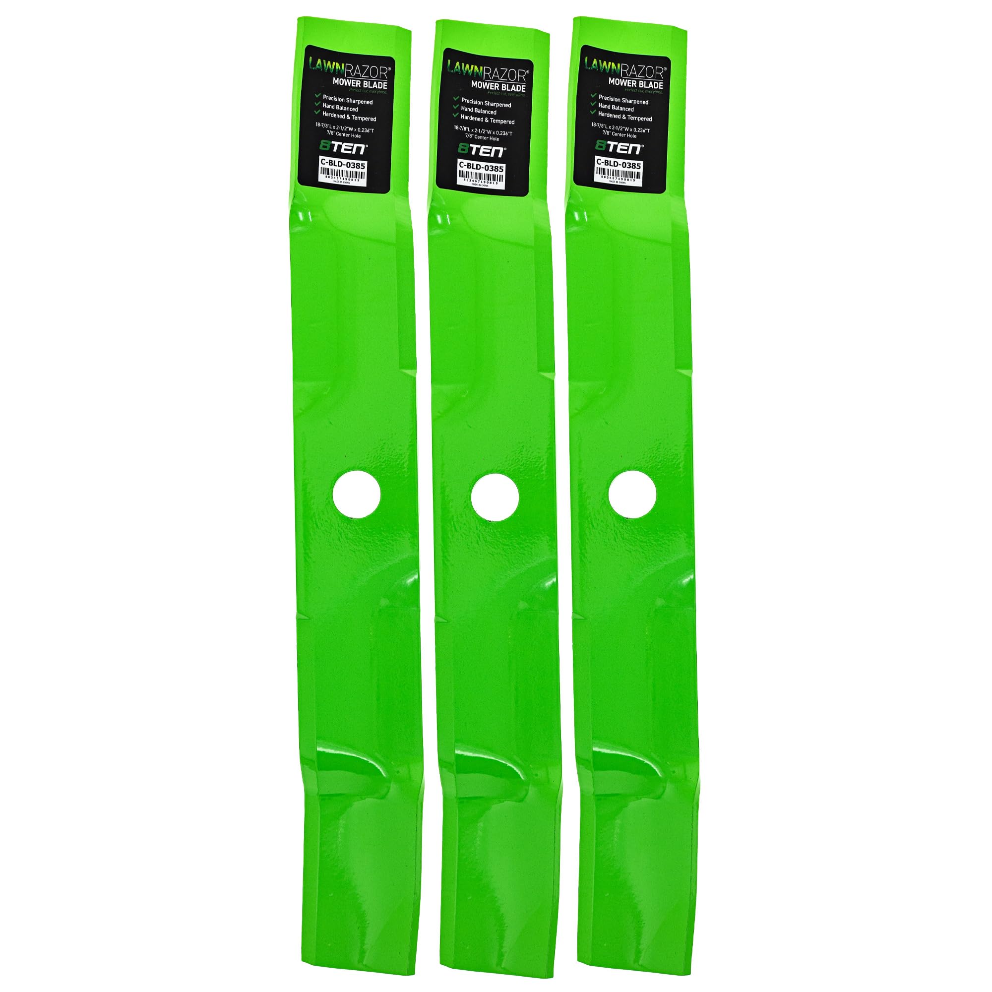 8TEN LawnRAZOR front view of three mulching blades showing fit and finish benefit