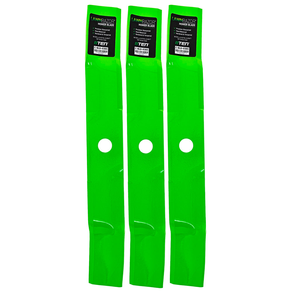 8TEN LawnRAZOR front view of three mulching blades showing fit and finish benefit