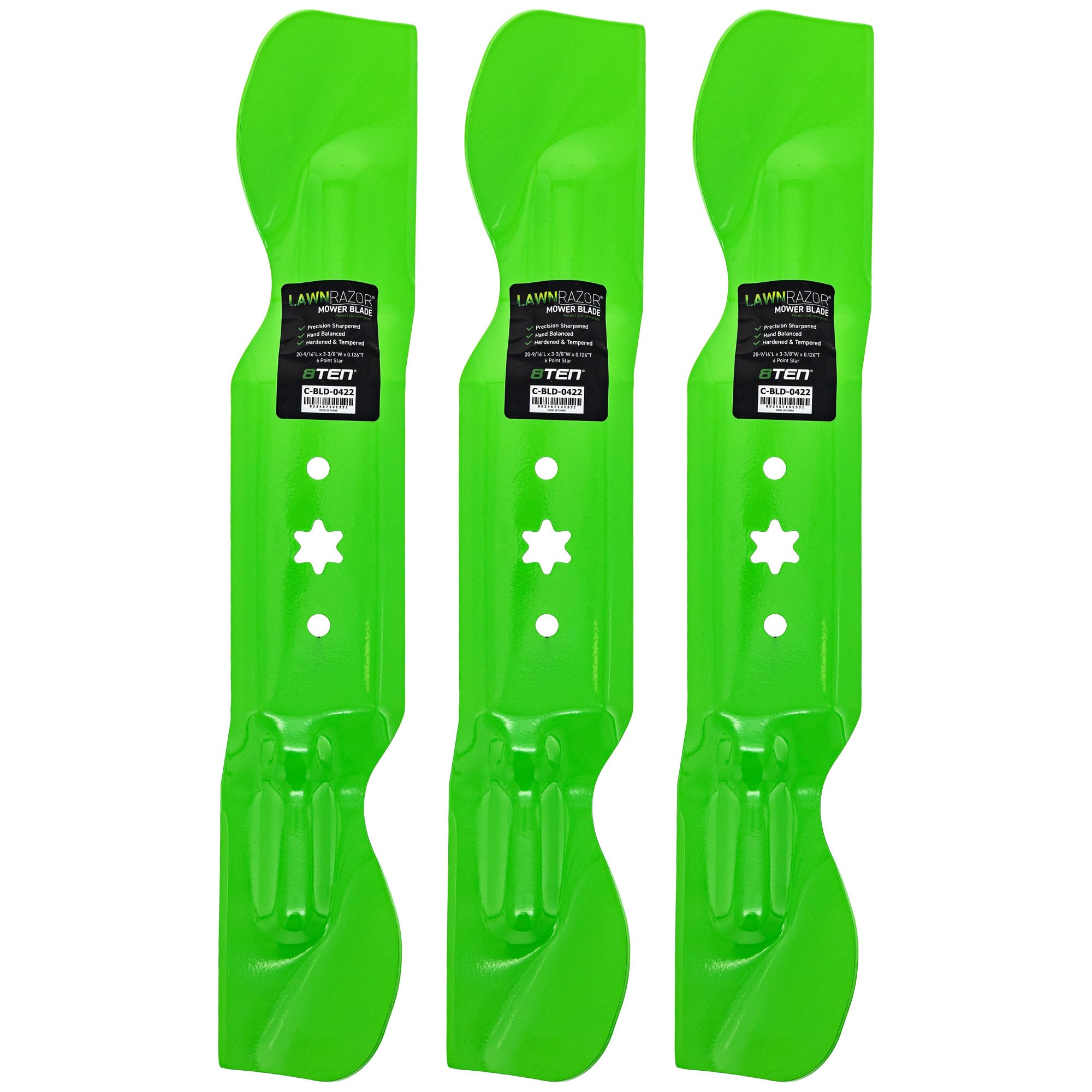 8TEN blade 3-pack front view showing product and benefits of full deck replacement