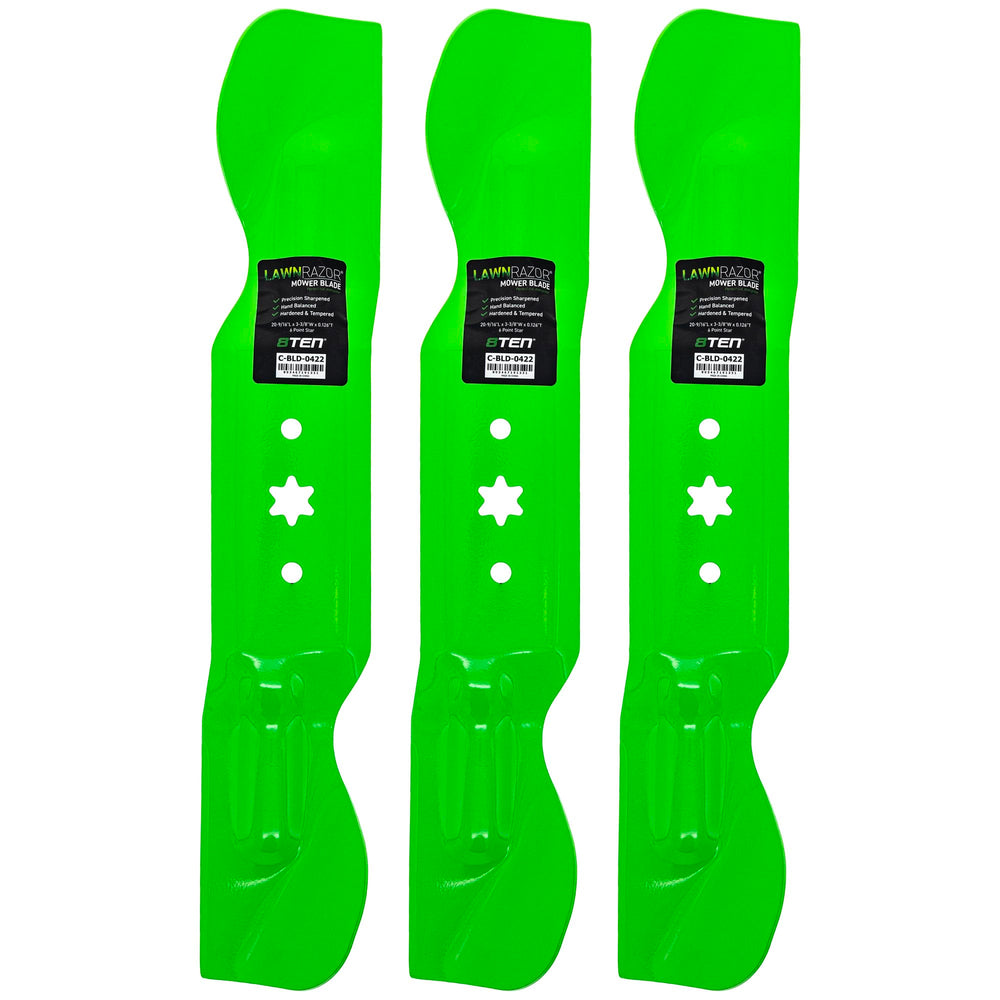 8TEN blade 3-pack front view showing product and benefits of full deck replacement