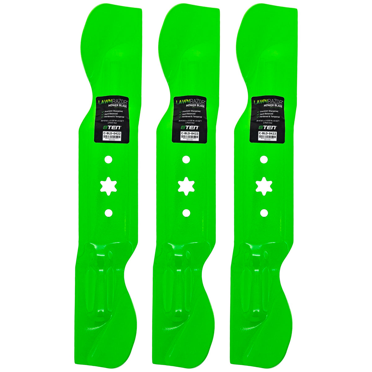 8TEN blade 3-pack front view showing product and benefits of full deck replacement