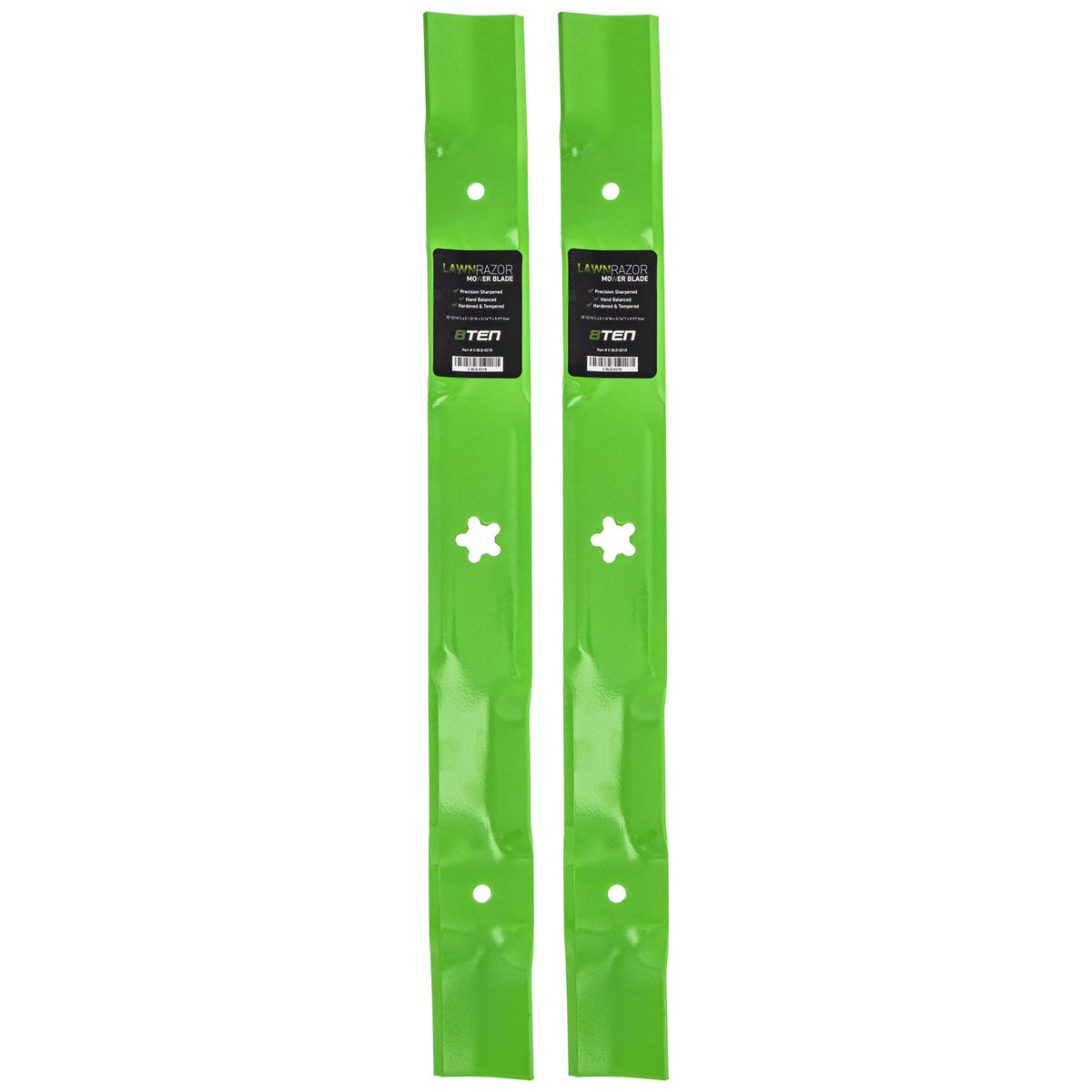 8TEN LawnRAZOR front view showing two blades and packaging, clear OEM fit benefit