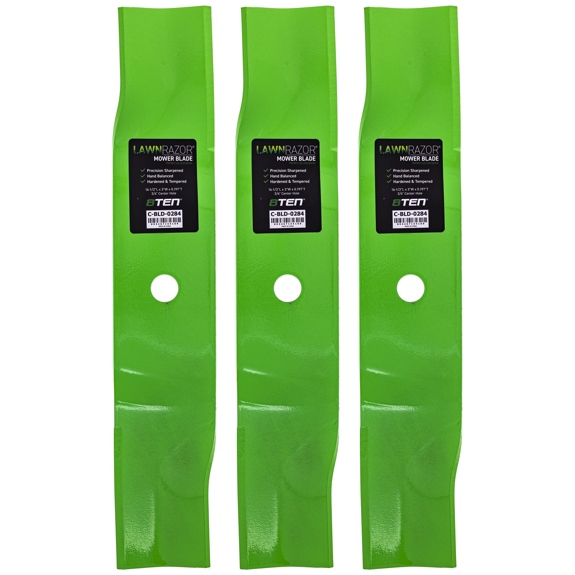 8TEN LawnRAZOR front view of three high-lift blades showing fit and finish benefit