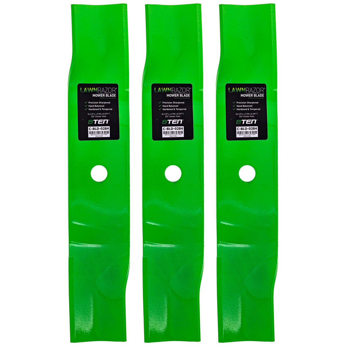 8TEN LawnRAZOR front view of three high-lift blades showing fit and finish benefit