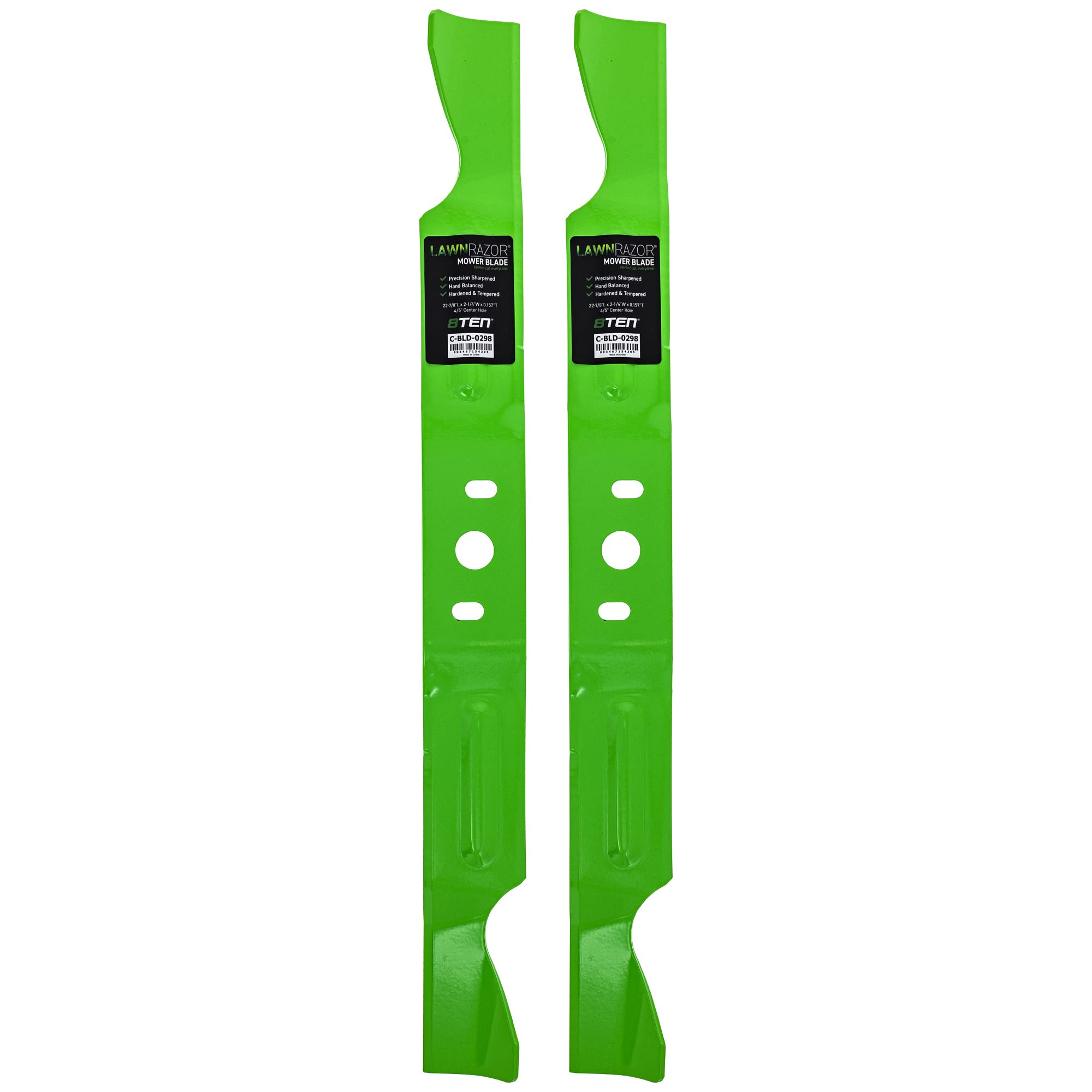 8TEN front view of two mulching blades showing fit and finish benefit
