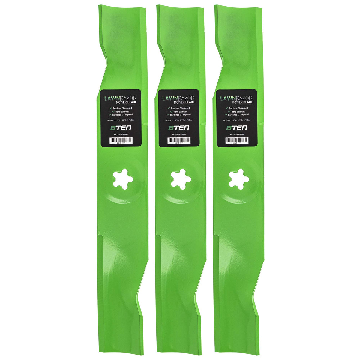 8TEN LawnRAZOR three-pack front view showing blades and packaging for reliable replacement