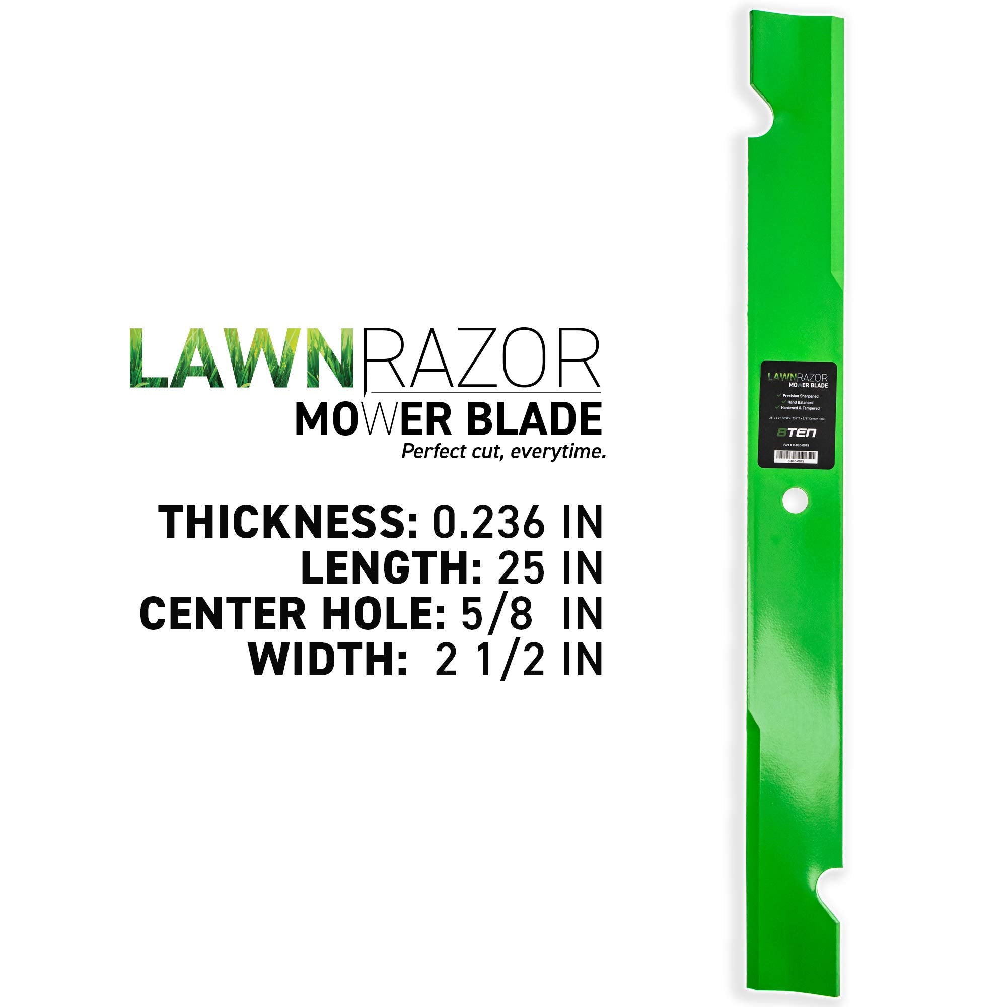 8TEN blade installed in mower deck demonstrating fit on Ferris 72" deck and simplified replacement benefit