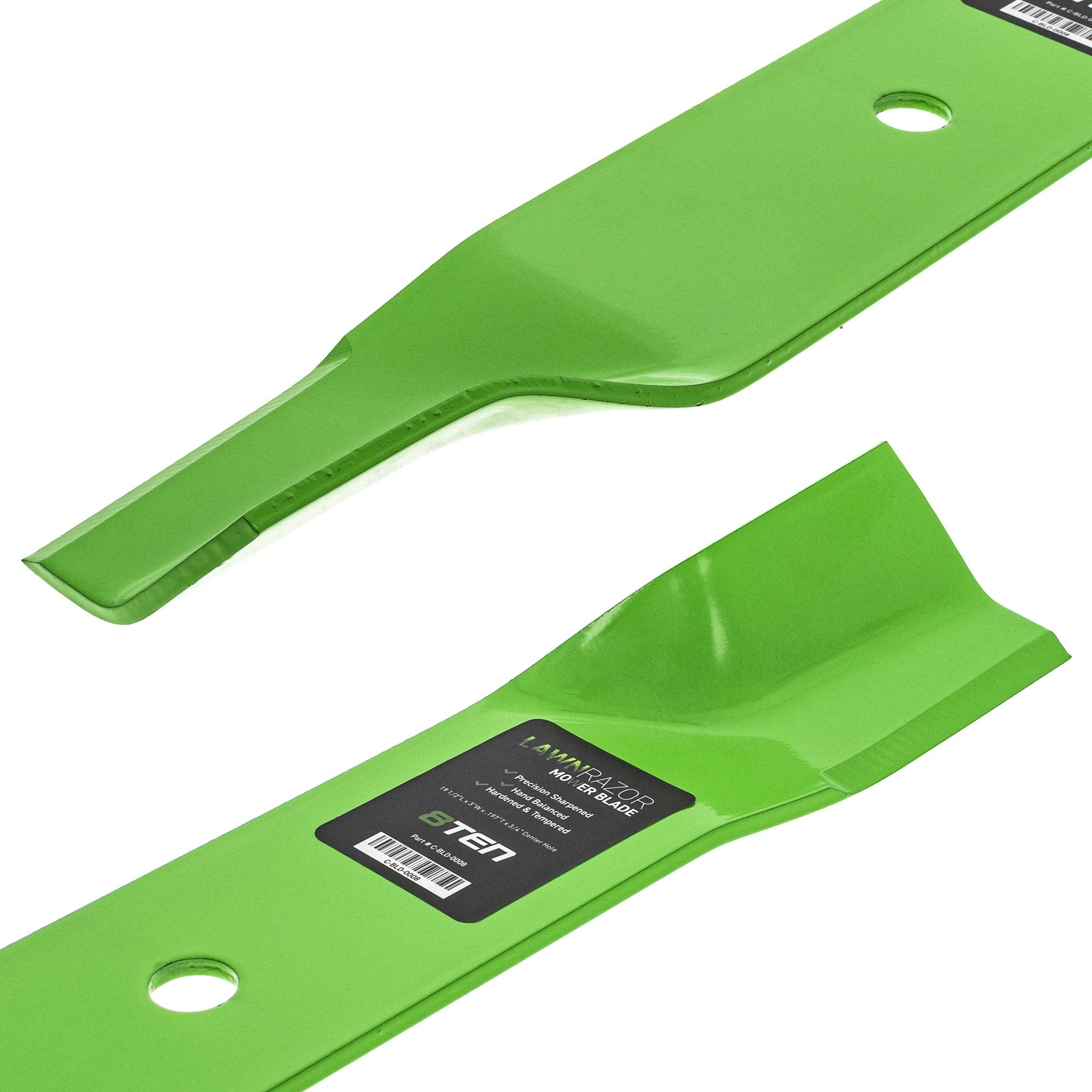 8TEN blade installed on John Deere deck demonstrating correct fit and balance