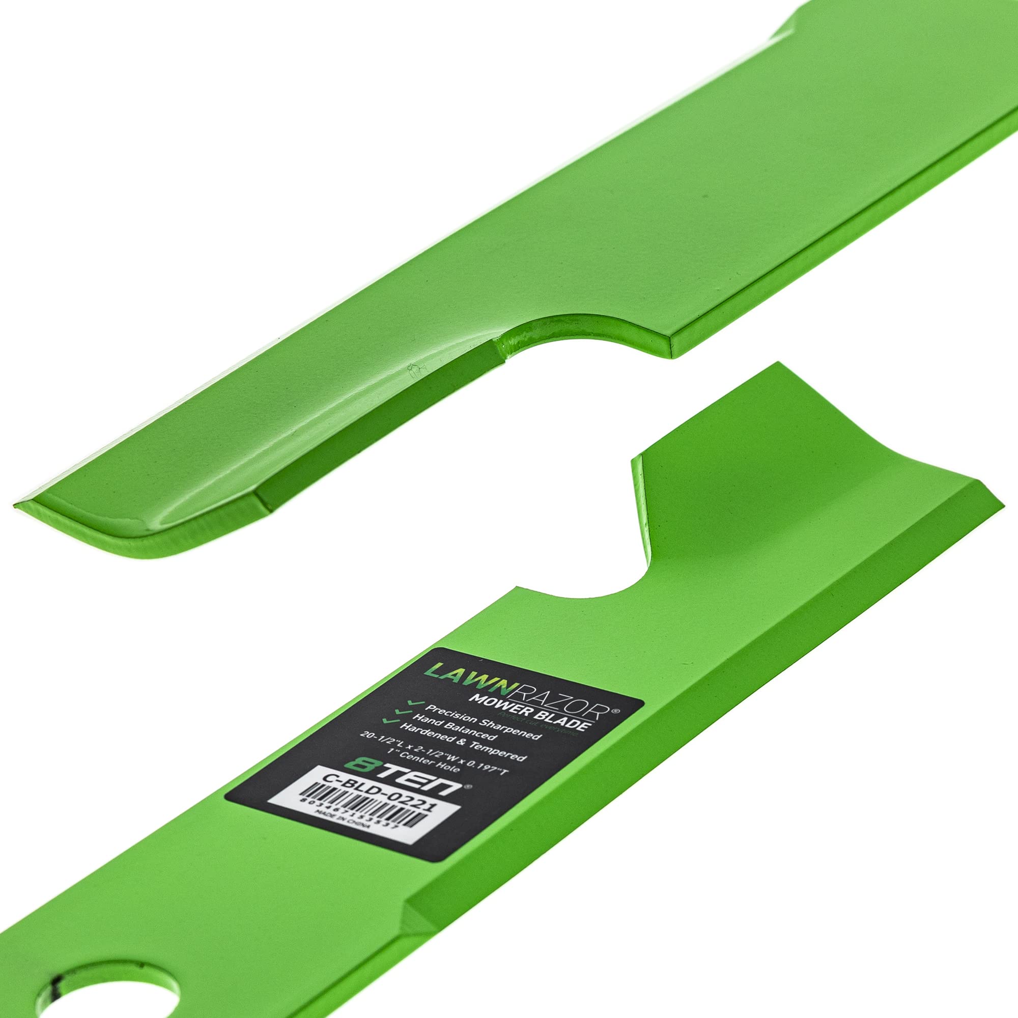 8TEN LawnRAZOR blade installed on a mower deck demonstrating correct placement and improved airflow