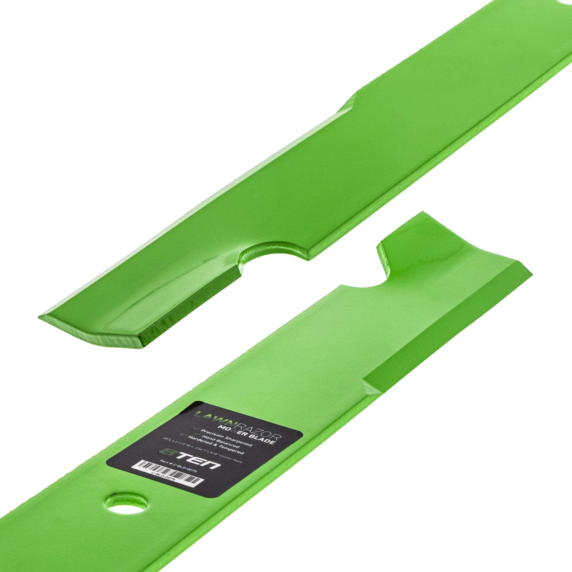 8TEN blade label and mounting hole pattern close-up confirming OEM part cross-reference and exact drilling