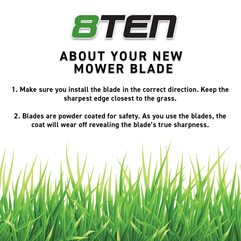 8TEN blades on mower in yard showing improved bagging and mulch benefit