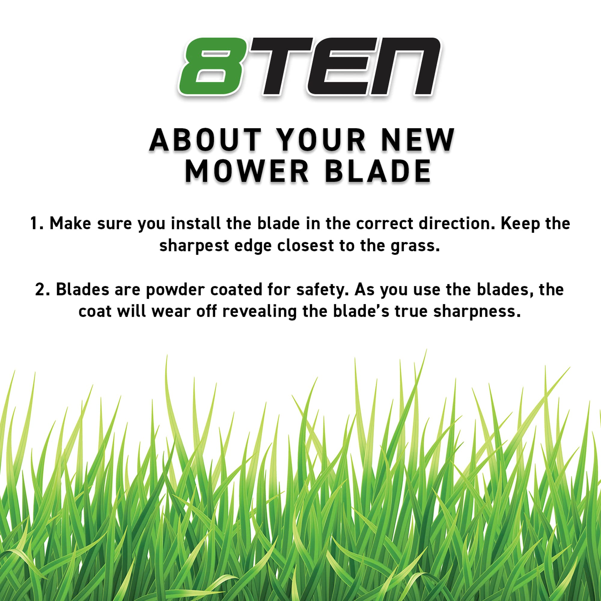 8TEN blades staged with a mower in a yard showing improved mowing performance