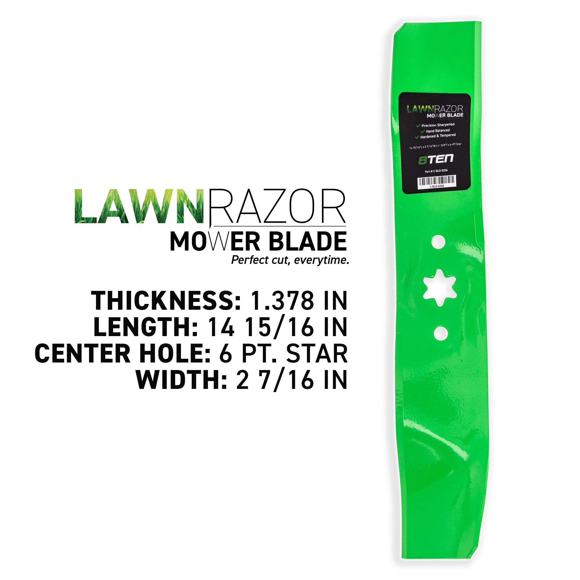 8TEN blades mounted on 46" mower deck, demonstrates correct installation benefit