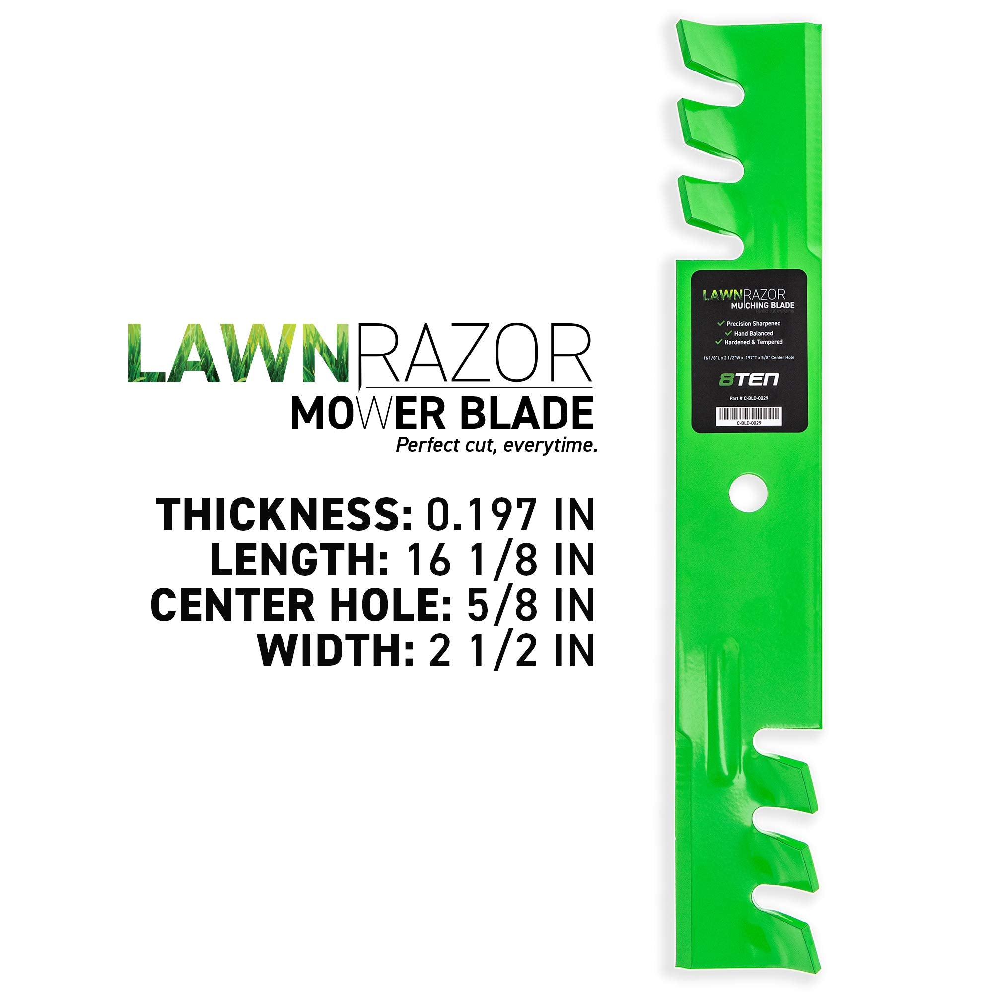 8TEN blade installed on mower deck showing correct fit and performance