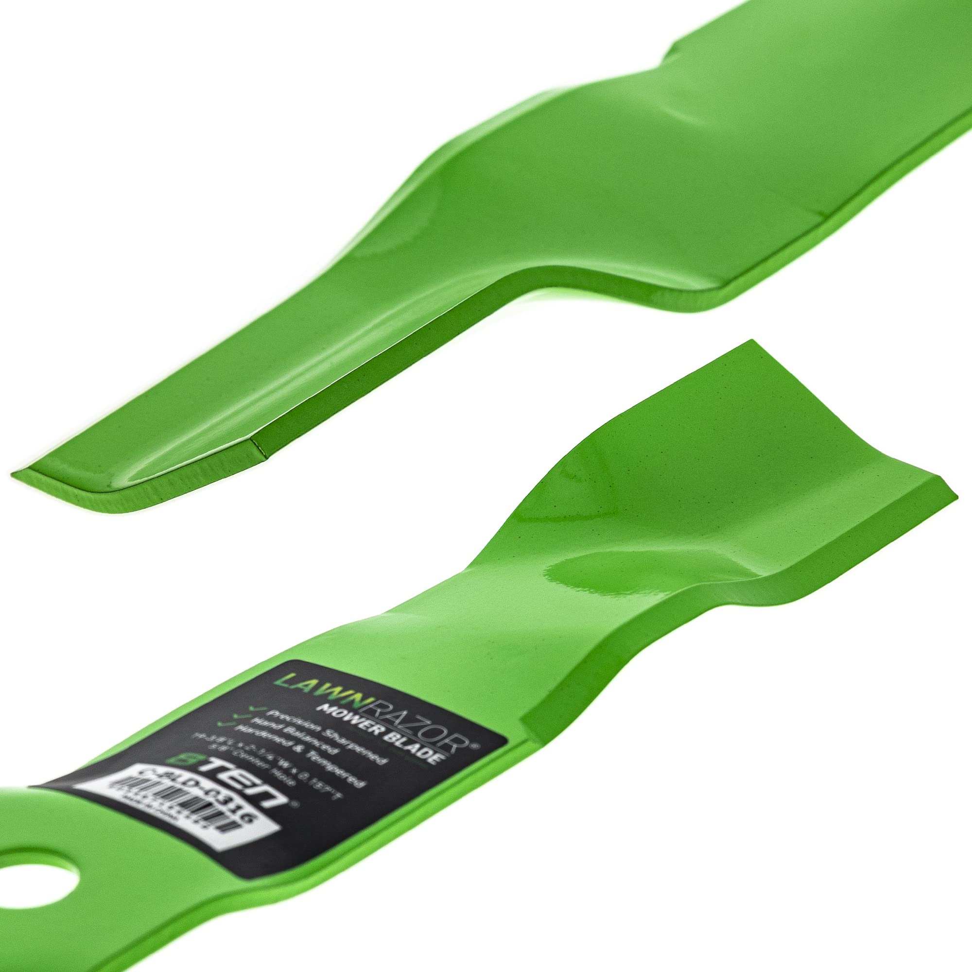 8TEN blades mounted on a 38-inch John Deere deck demonstrating correct fit and balance