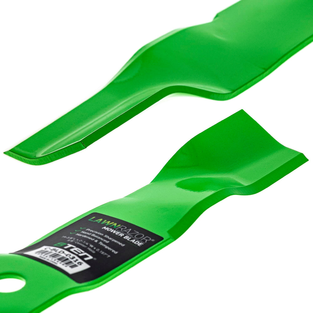 8TEN blades mounted on a 38-inch John Deere deck demonstrating correct fit and balance