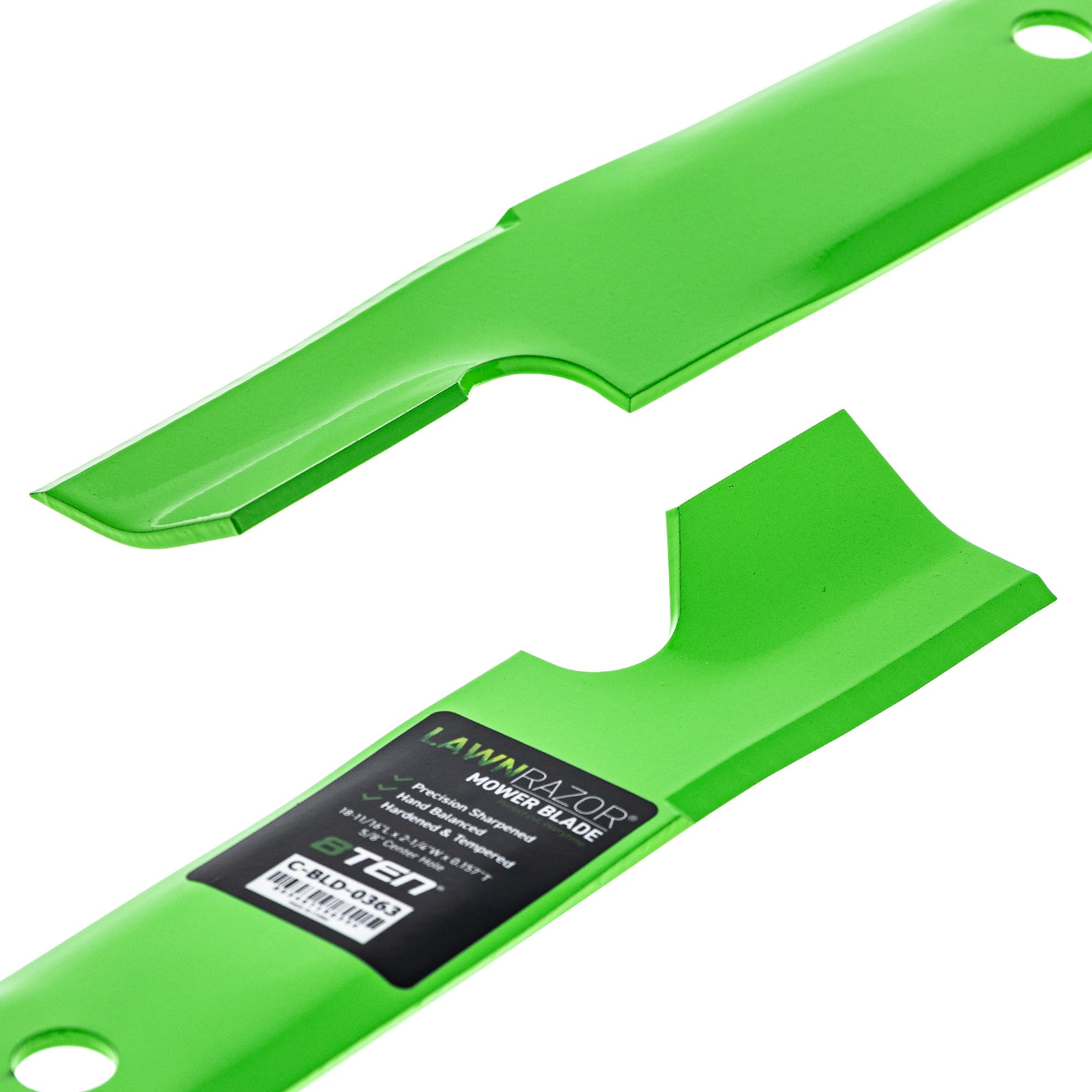 8TEN blades mounted on a 54-inch Toro deck demonstrating direct fitment