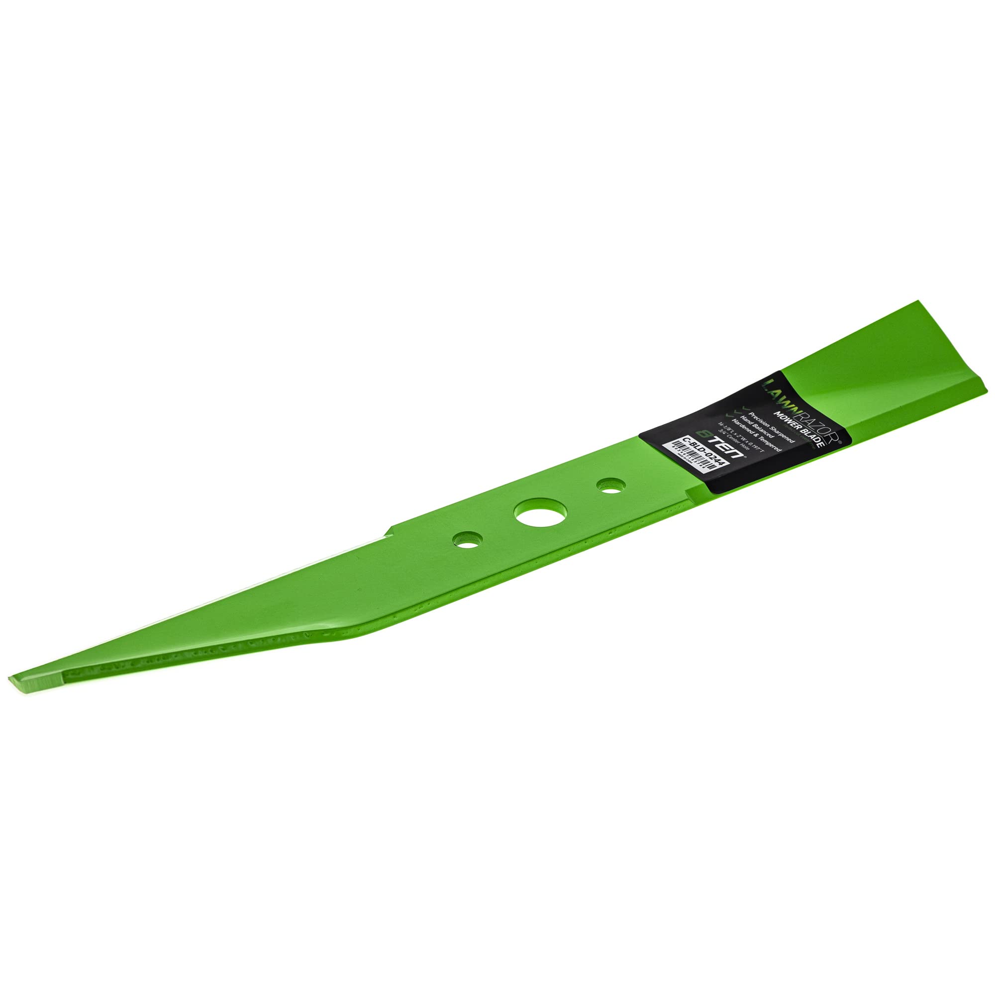 8TEN blades beside ruler showing exact 44-inch deck compatibility and correct sizing