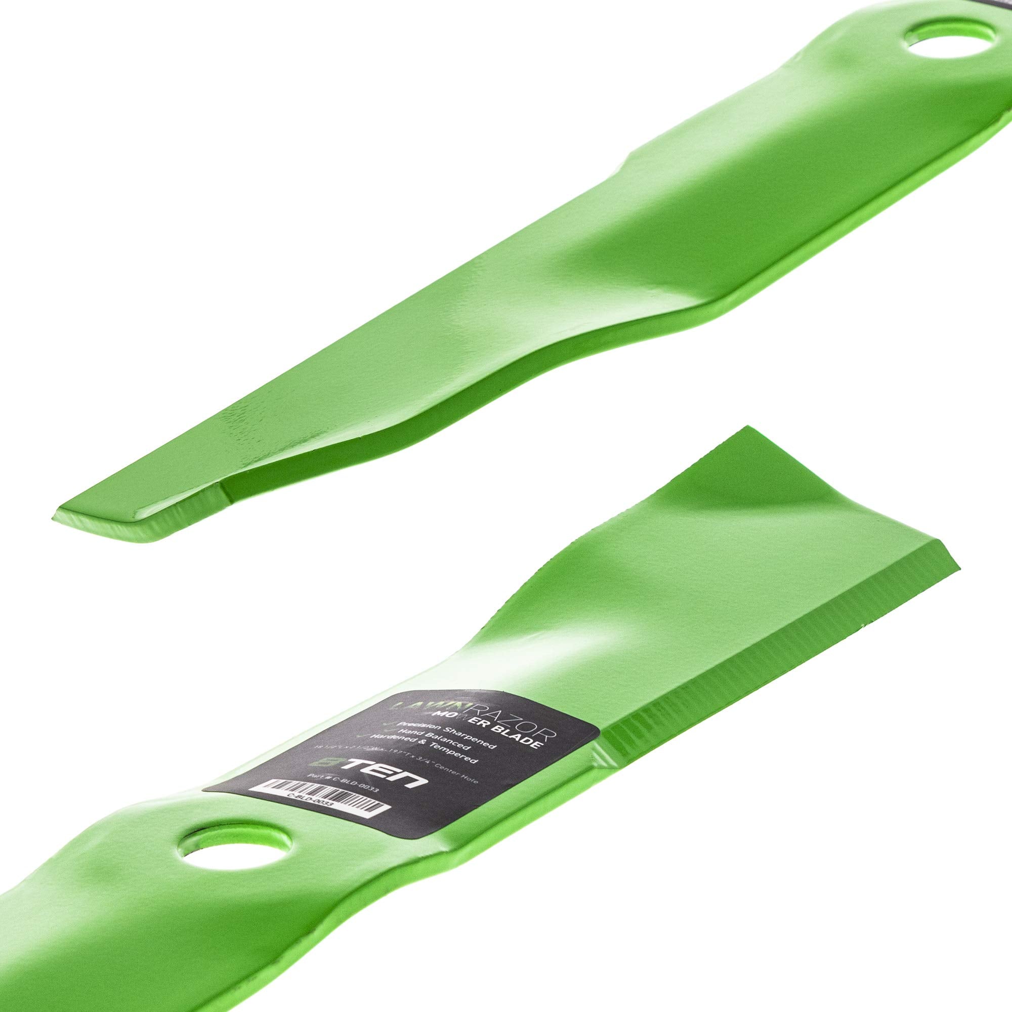 8TEN blade length comparison showing 18.5 inches for correct deck fit
